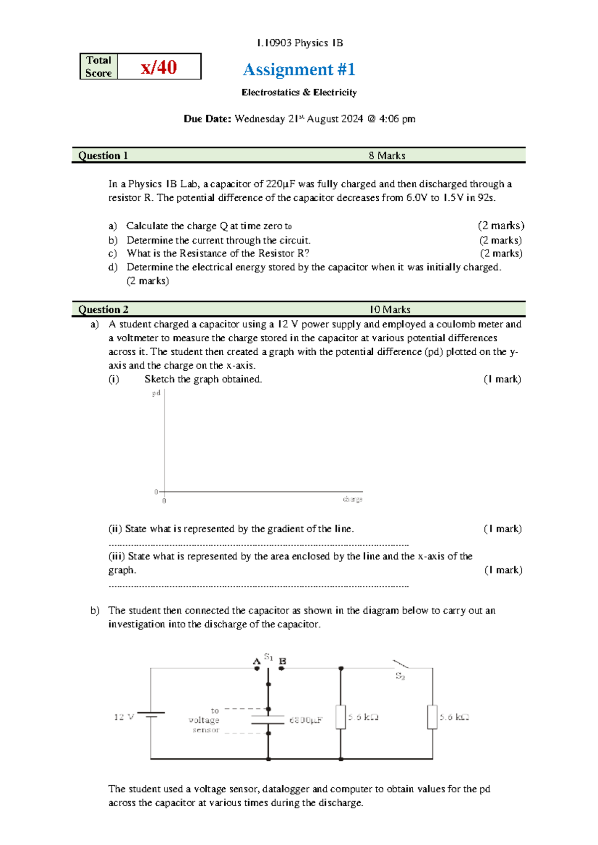 Assignment 1-Physics 1B - 1 Physics 1B Assignment # 1 Electrostatics ...