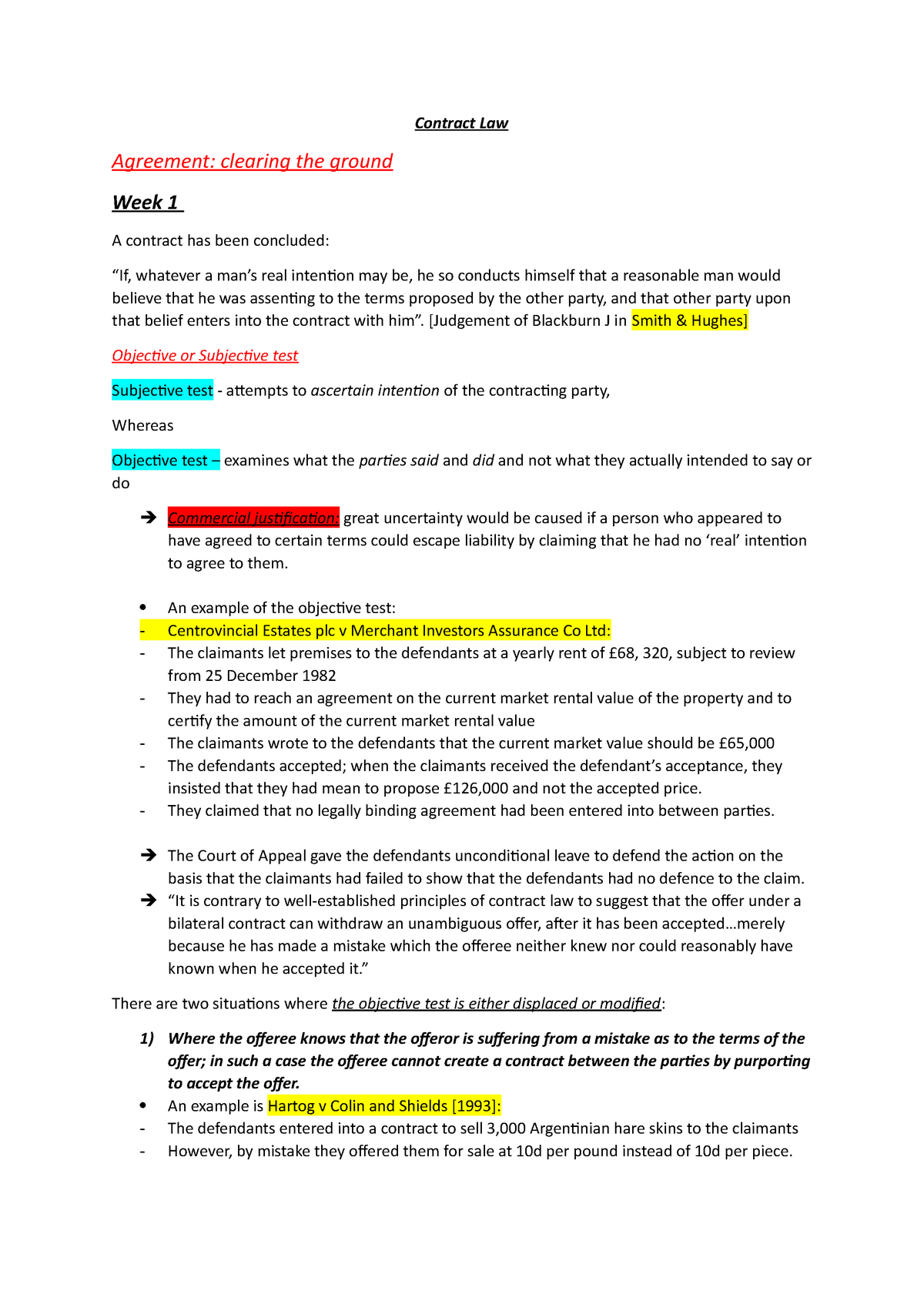 Contract Law Notes - Contract Law Agreement: clearing the ground Week 1 ...