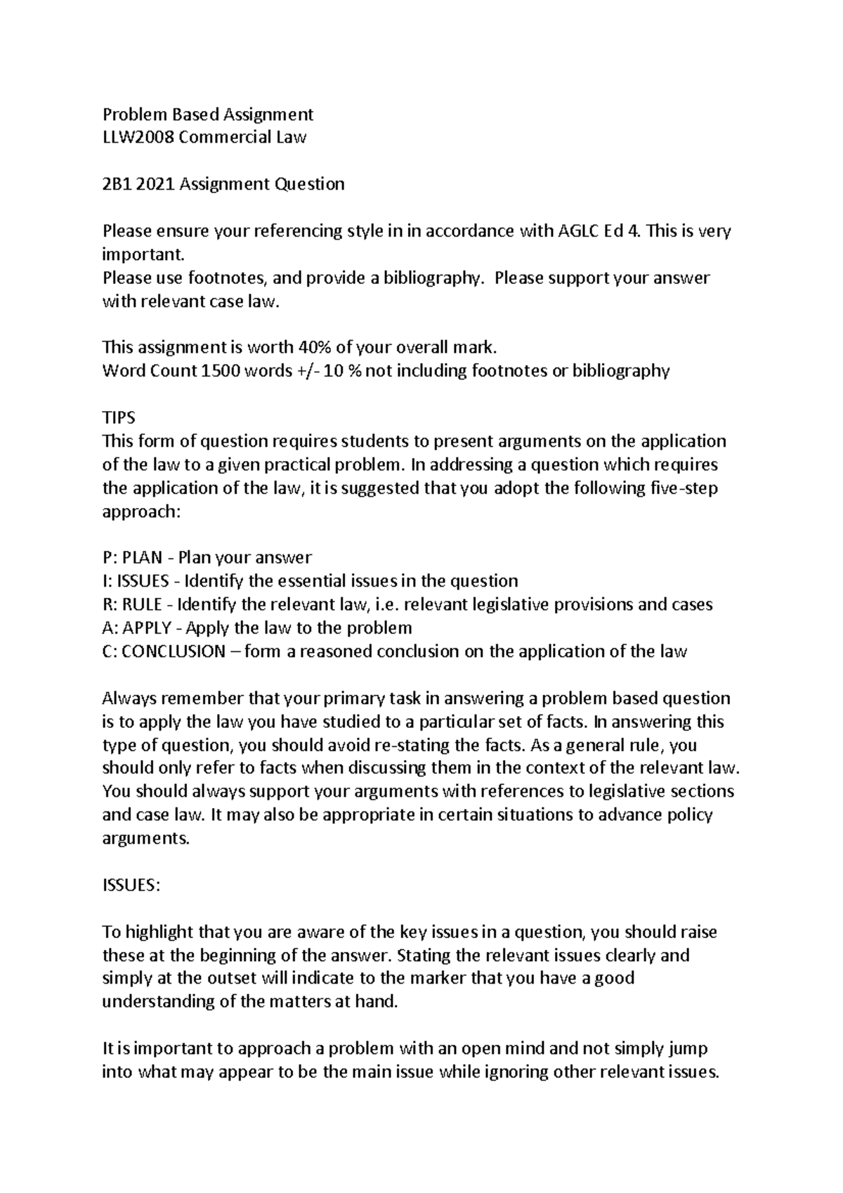 Assignment Guide for Assignment - Problem Based Assignment LLW2008 ...