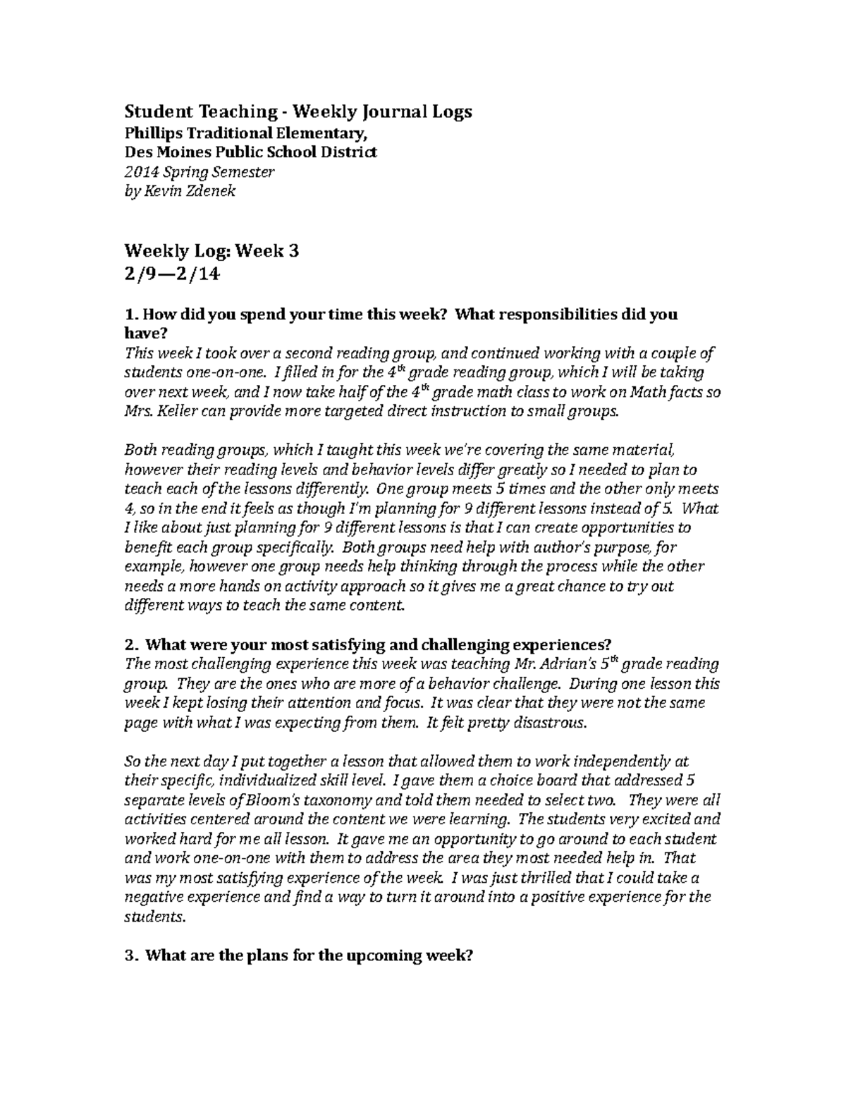 215208644 Weekly Student Teaching Reflective Journal - Student Teaching ...