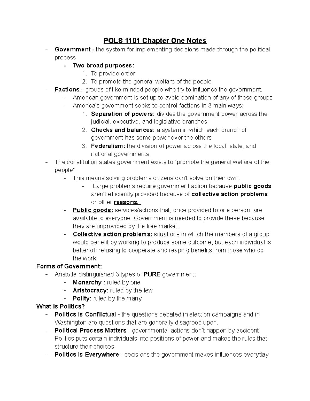 POLS 1101 Ch. 1-2 Notes - POLS 1101 Chapter One Notes Government - The ...