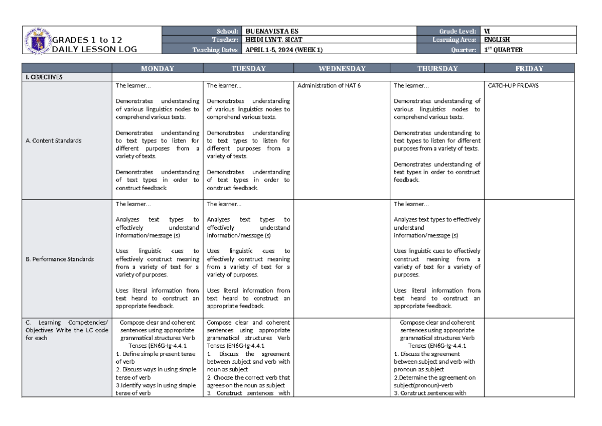 DLL English 6 Q4 W1 - GRADES 1 to 12 DAILY LESSON LOG School ...