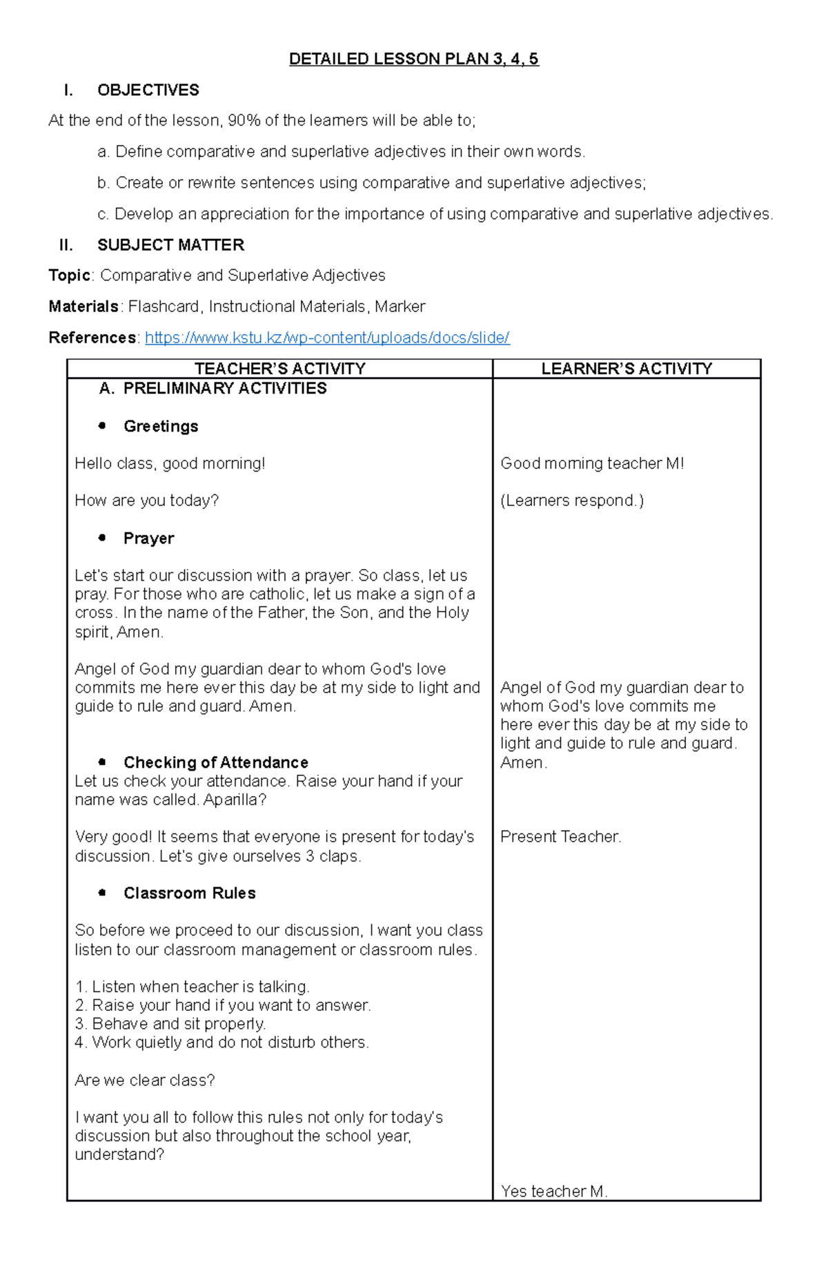 TMG Igaran English 345 - DETAILED LESSON PLAN 3, 4, 5 I. OBJECTIVES At ...