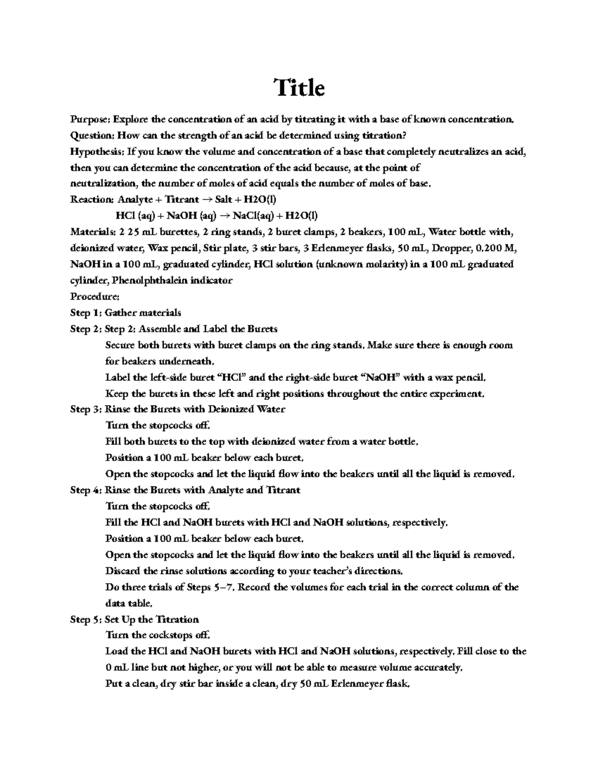 Lab Titration edgenuity assignment Title Purpose Explore the