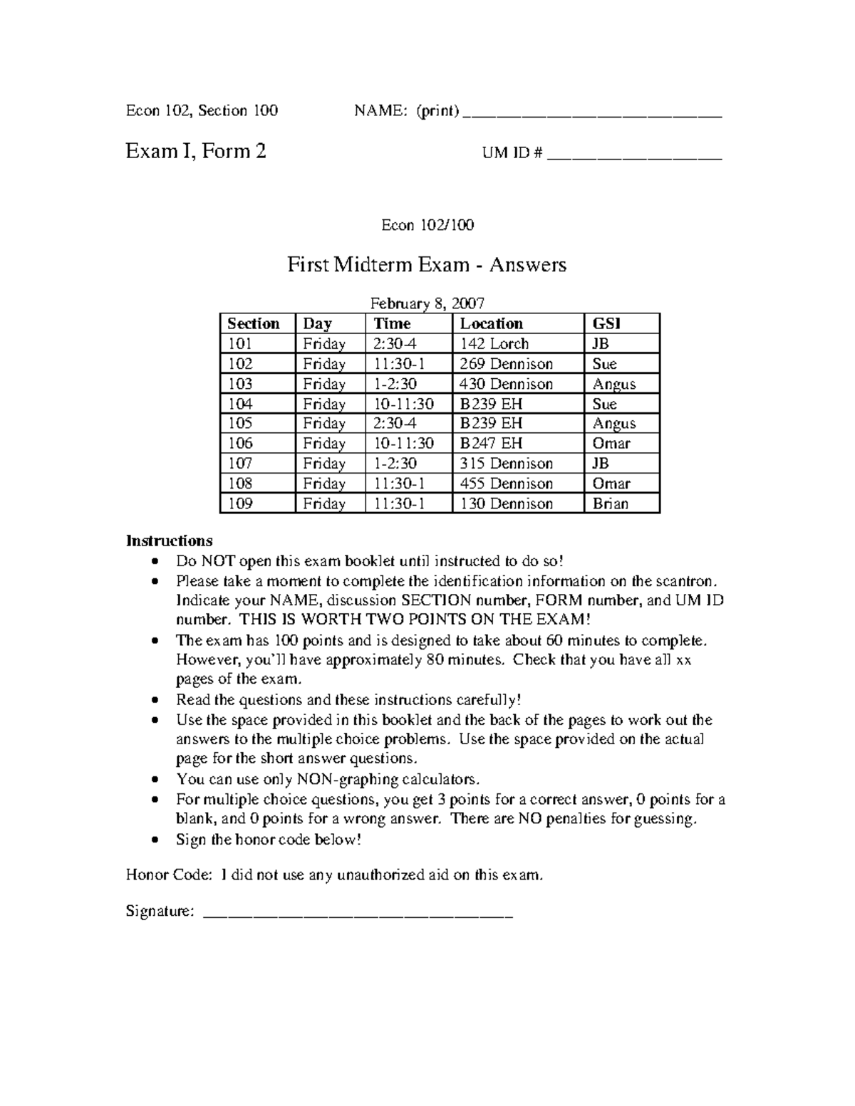 Ec 102 Midterm - Exercise Questions - Econ 102, Section 100 NAME ...