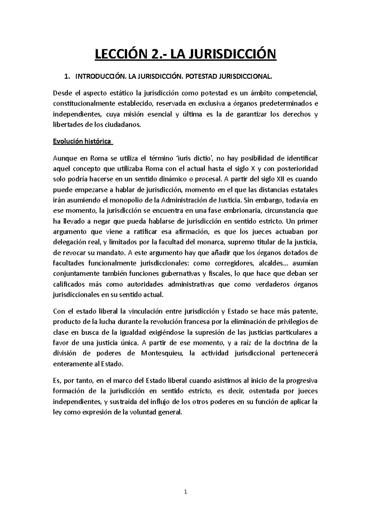 Procesal TEMA 2 - Apuntes - LECCIÓN 2.- LA JURISDICCIÓN 1. INTRODUCCIÓN ...
