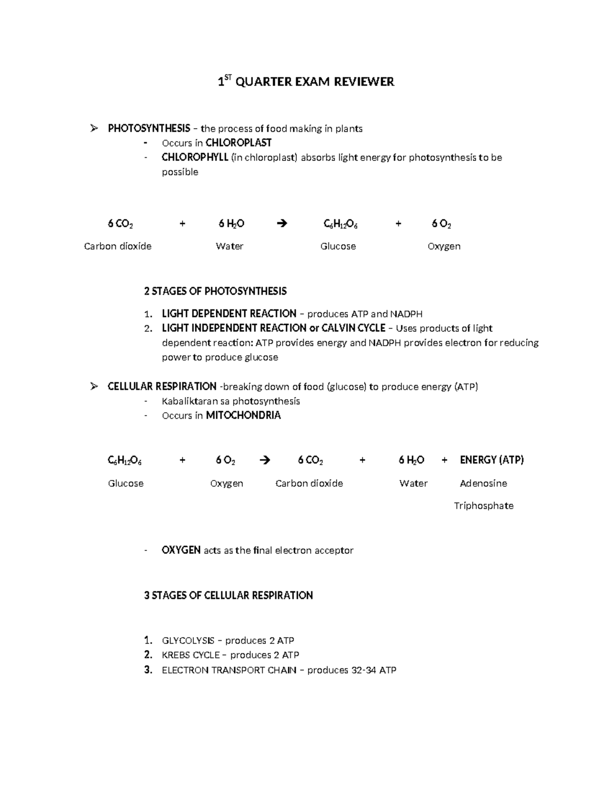 1ST Quarter EXAM Reviewer - 1 ST QUARTER EXAM REVIEWER PHOTOSYNTHESIS ...