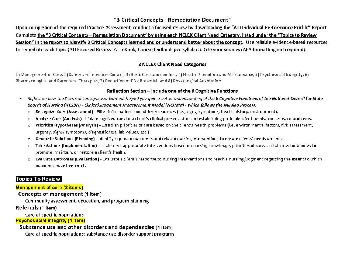 ATI remediation A - “3 Critical Concepts - Remediation Document” Upon
