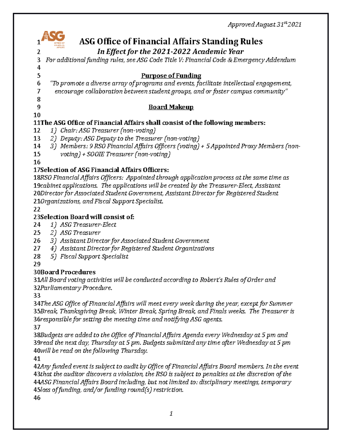 OFA Standing Rules American South Since 1865 ASG Office of Financial Affairs Standing Rules