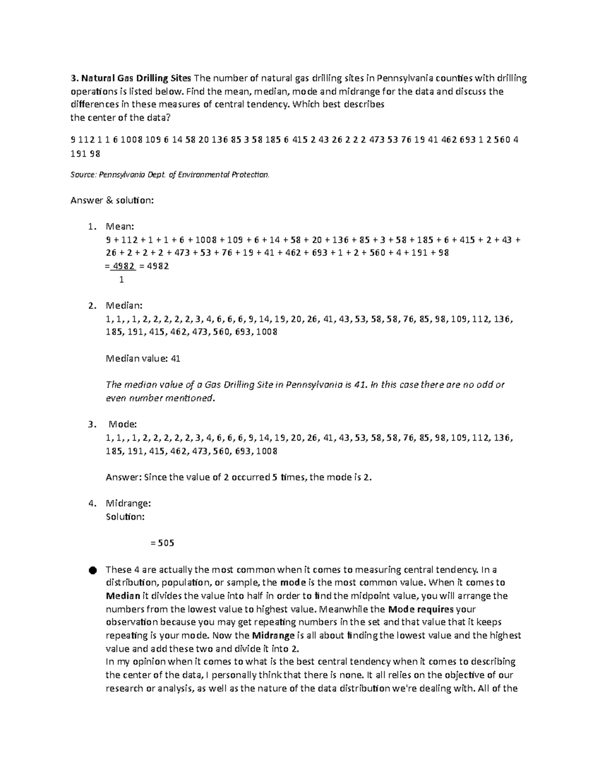 Natural Gas Drilling Sites - Find the mean, median, mode and midrange ...