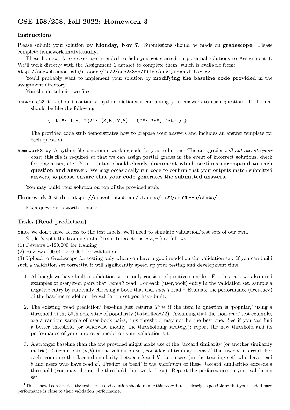 Homework 3 CSE 158/258, Fall 2022 Homework 3 Instructions Please