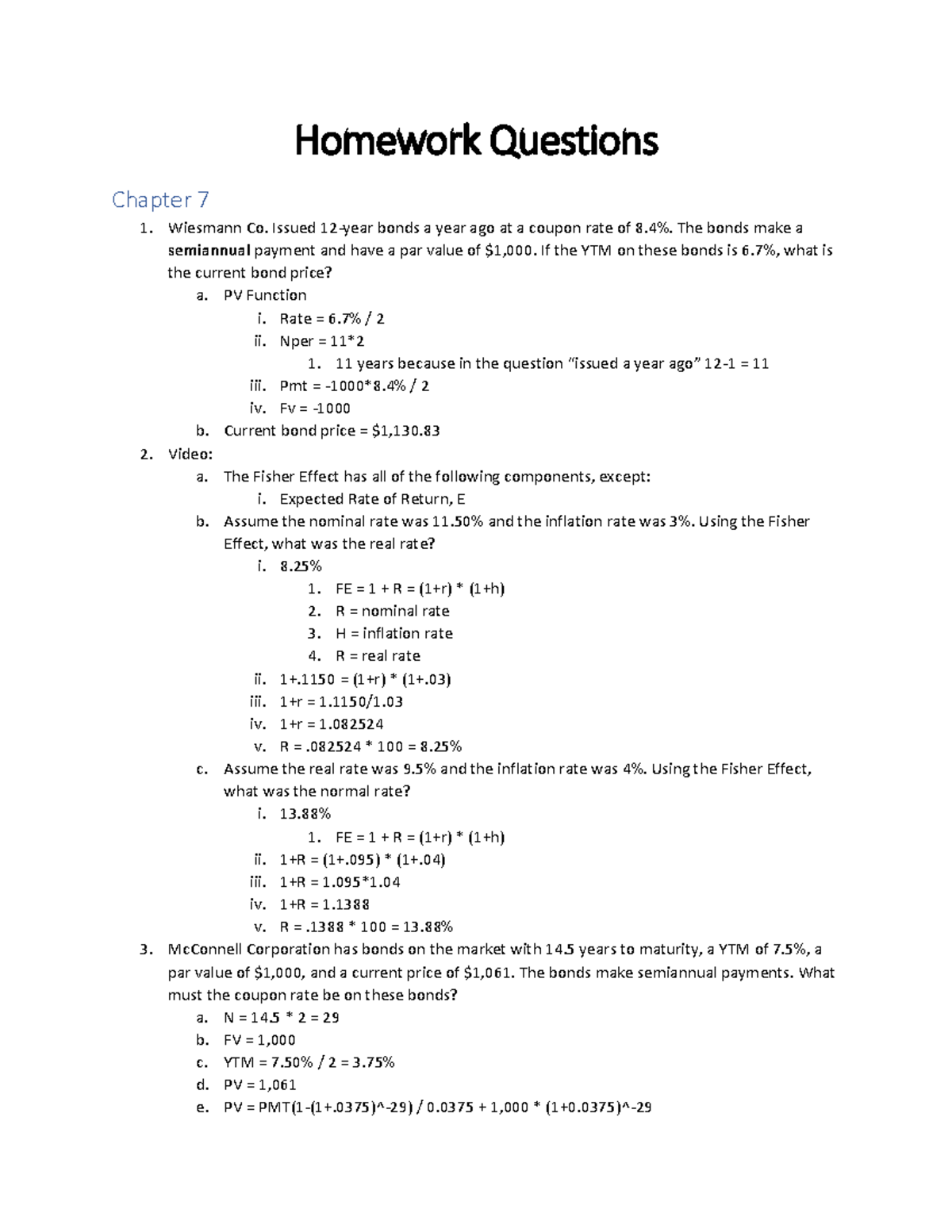 Fin Homework and Smart Book Ch 7-8 - Homework Questions Chapter 7 ...