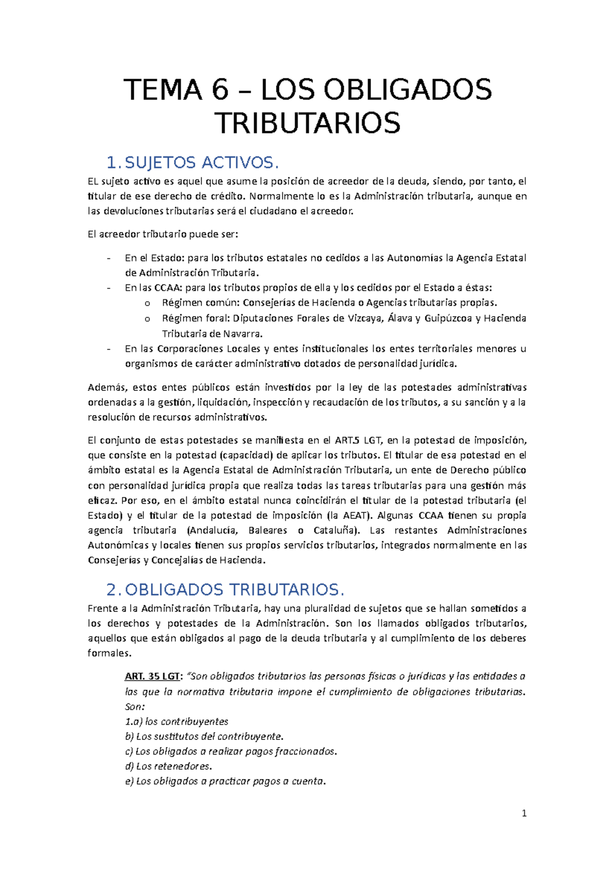TEMA 6 - Apuntes 6 - TEMA 6 – LOS OBLIGADOS TRIBUTARIOS 1. SUJETOS ...