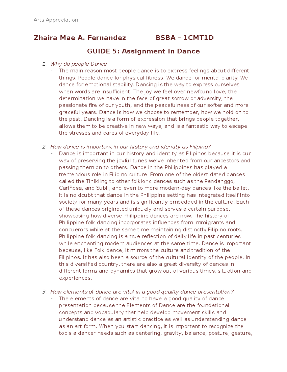 Guide 5 Dance and Its Histoty - Arts Appreciation Zhaira Mae A ...