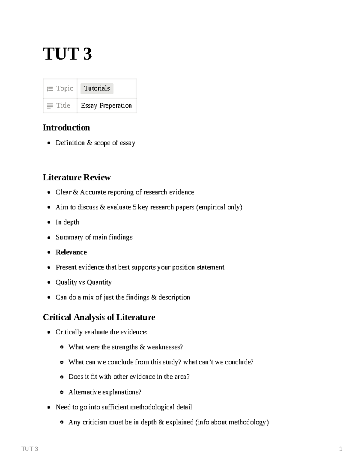 Essay Structure - TUT 3 1 TUT 3 Topic Tutorials Title Essay Preperation ...