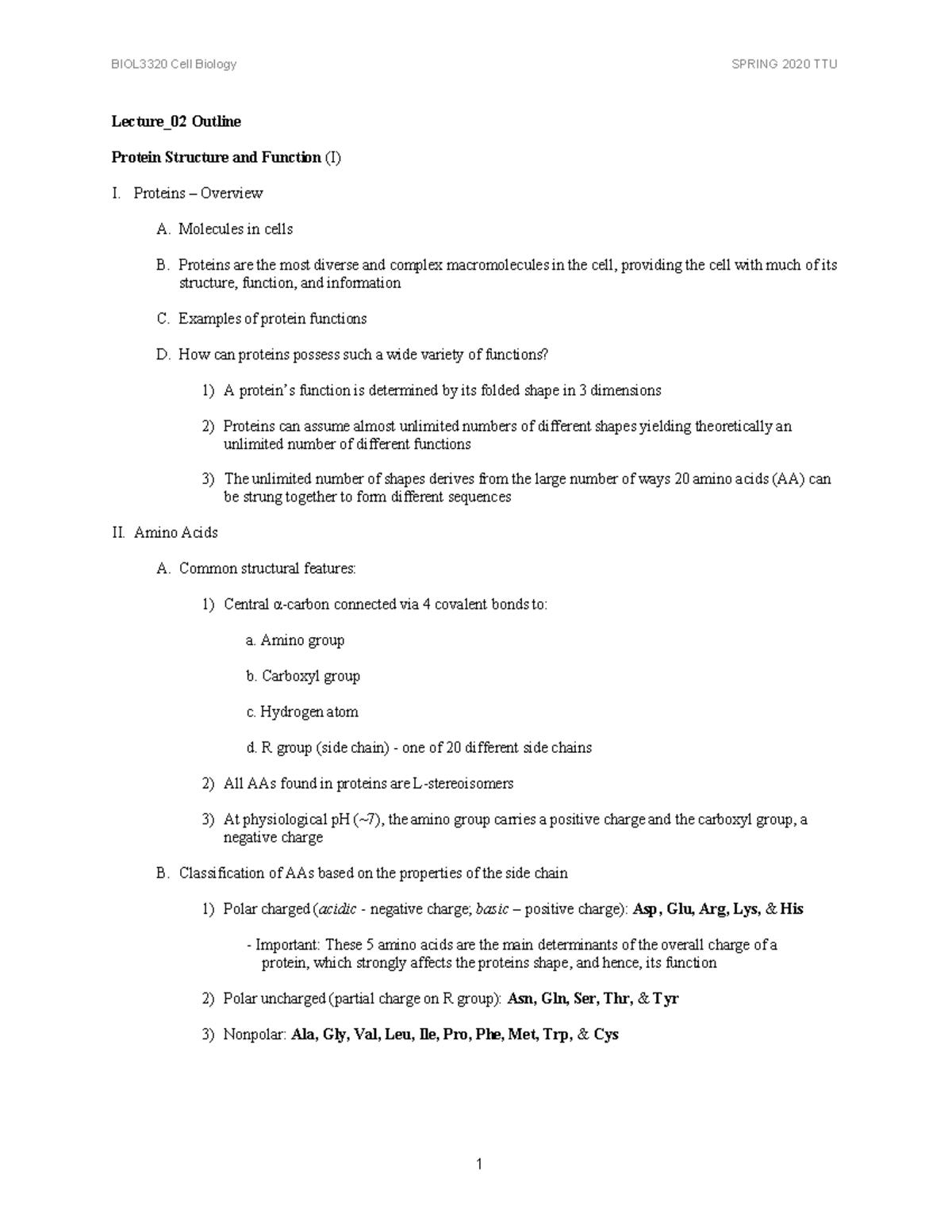 Lecture 2 - Dr. Xie - BIOL3320 Cell Biology SPRING 2020 TTU 1 Lecture ...