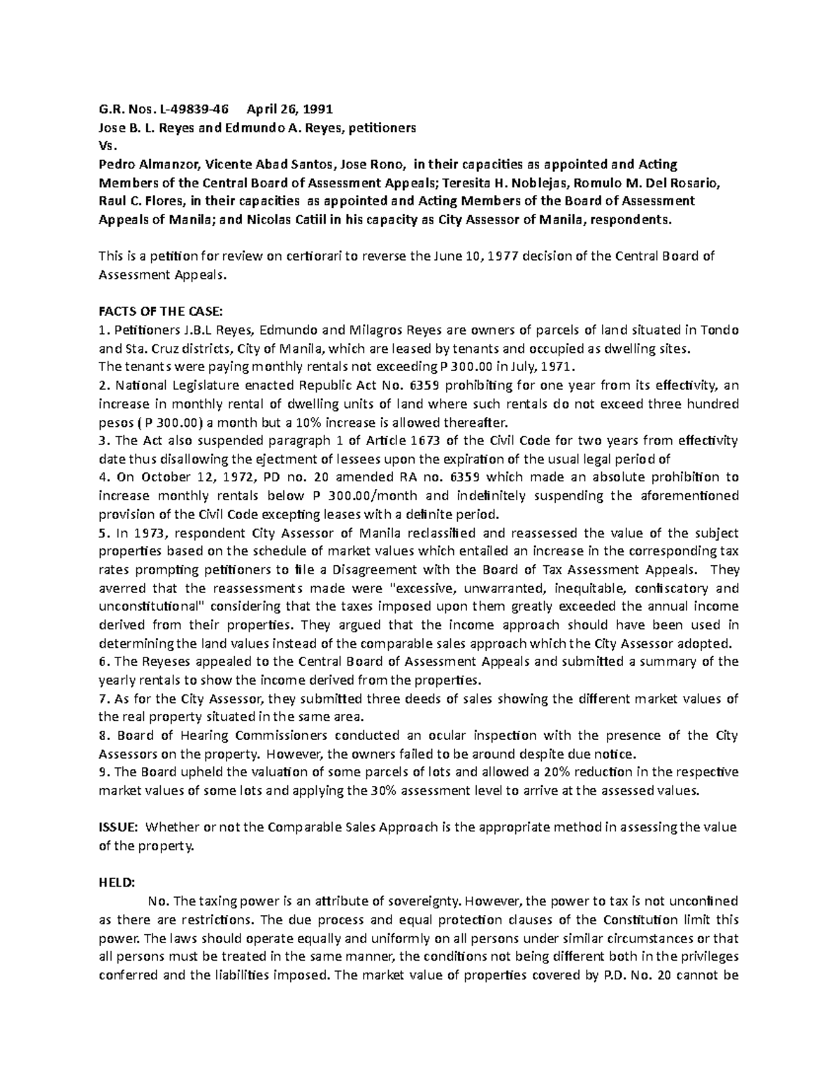 Reyes vs. almanzor case digest G. Nos. L4983946 April 26, 1991 Jose