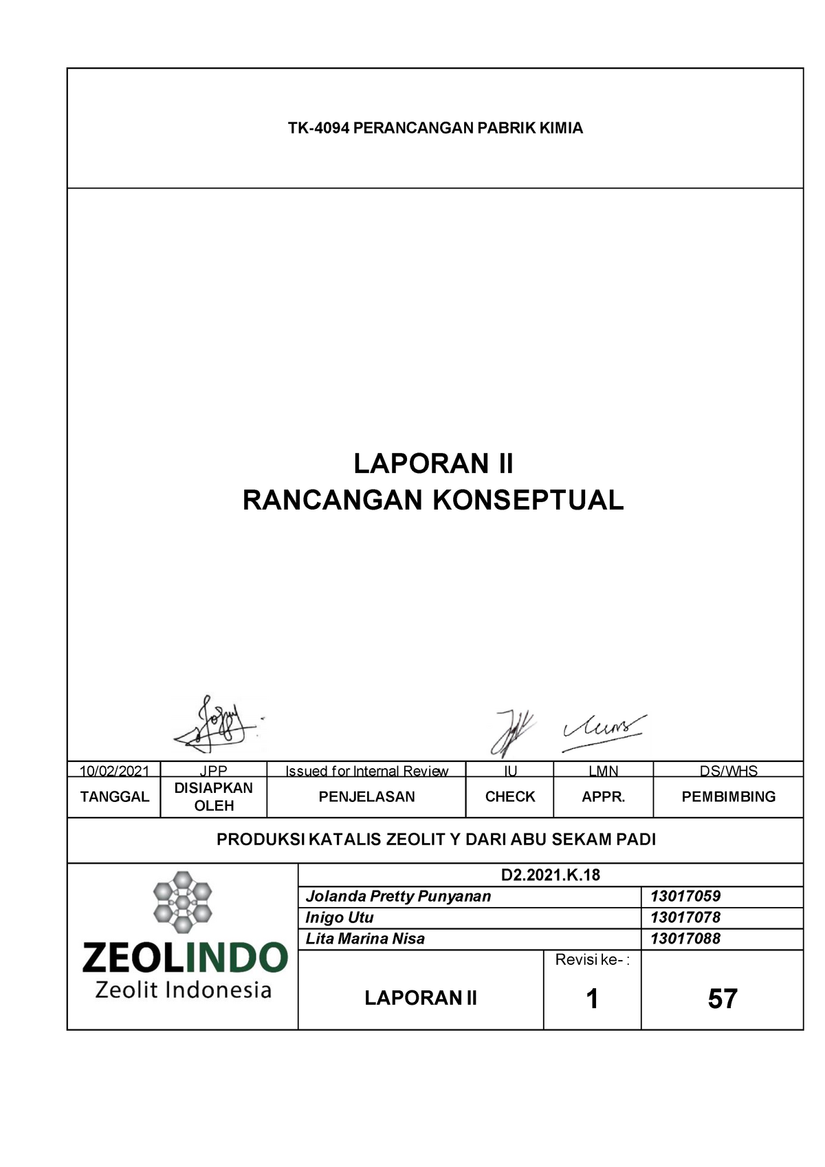 TK4094 Laporan 2 D2.2021 - TK-4094 PERANCANGAN PABRIK KIMIA 10/02/2021 ...