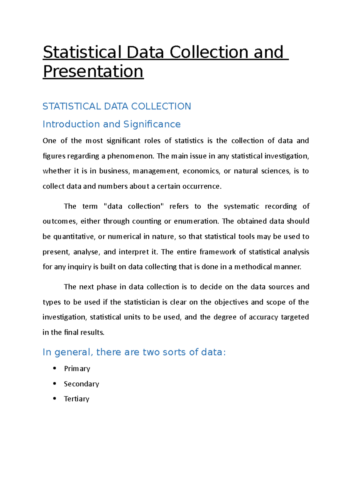 data collection and presentation in economics