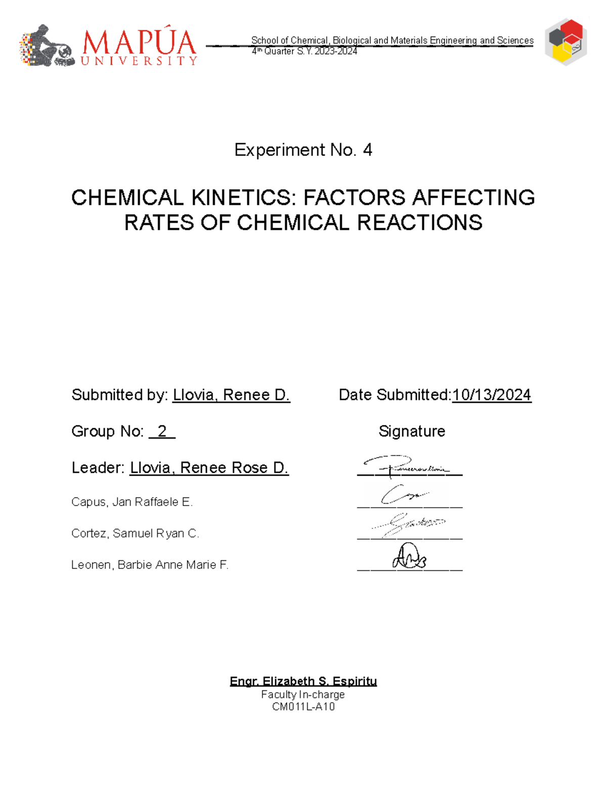 Experiment 4 Final Report 4 th Quarter S. 2023 Experiment No. 4