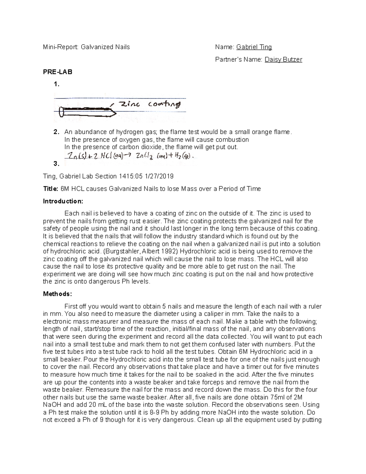 Chem 2 Lab Report MiniReport Galvanized Nails Name Gabriel Ting