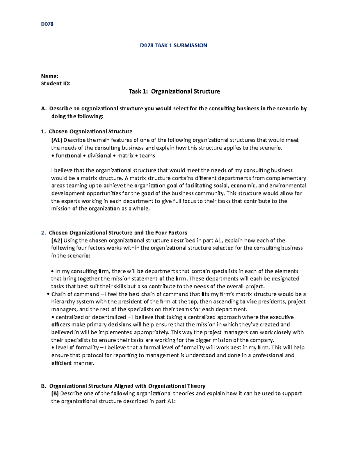 D078 Task 1 complete pass D D078 TASK 1 SUBMISSION Name Student