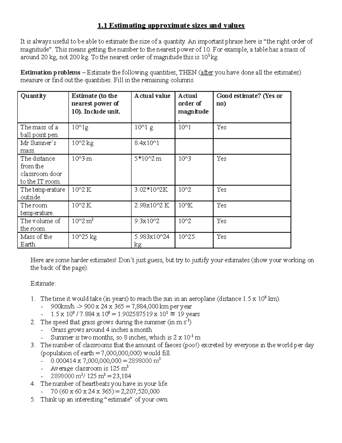 1.1 Estimating worksheet - 1 Estimating approximate sizes and values It ...