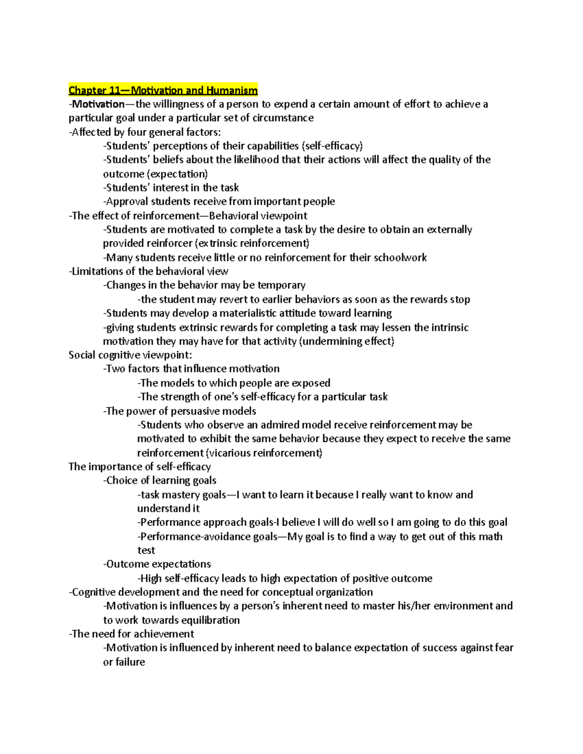 Chapter 11 Notes - Chapter 11—Motivation And Humanism Motivation—the ...