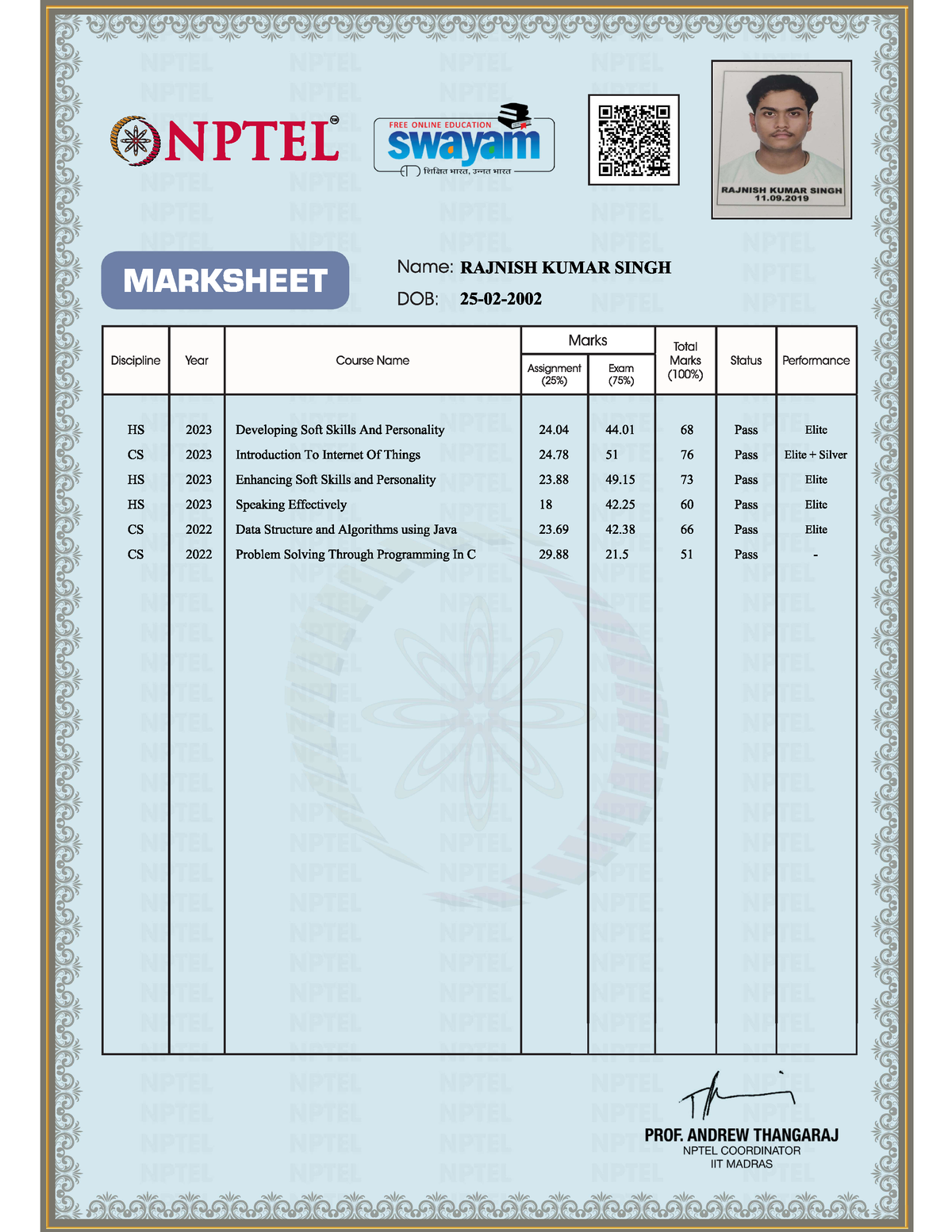 Nptel Marksheet - Student - B.tech - Studocu