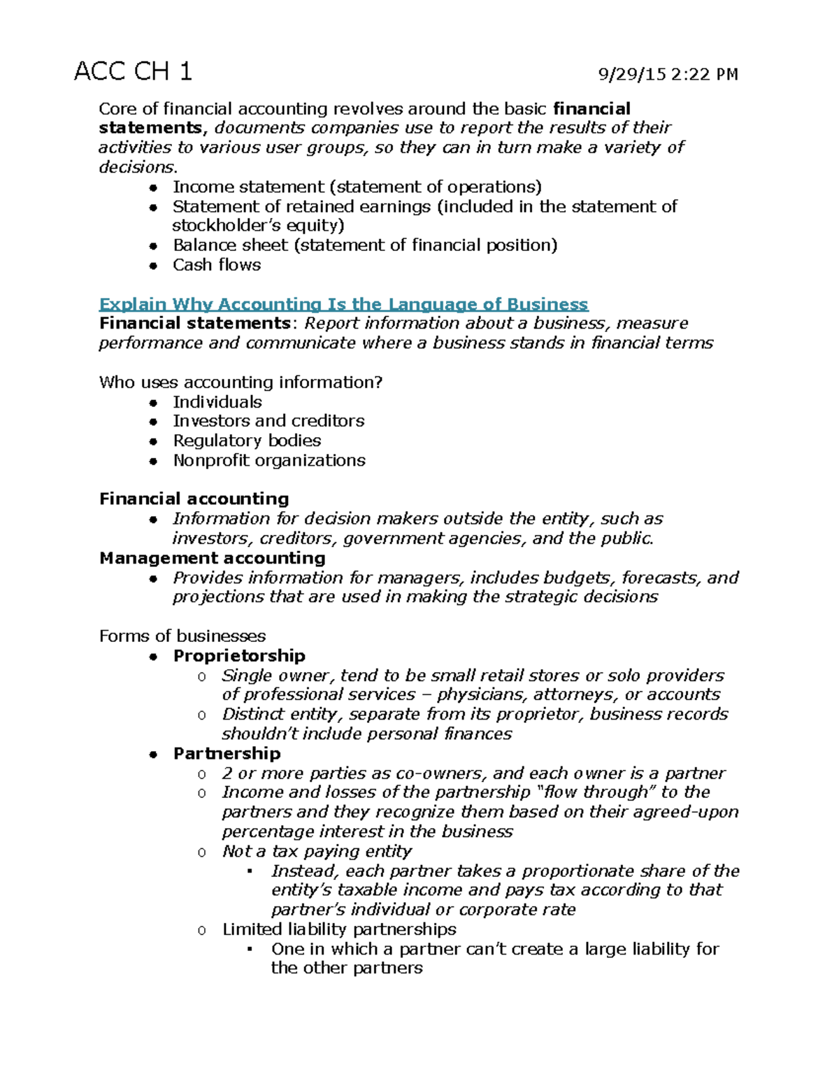 ACC 151 CH 1 - Lecture Notes 1 - ACC CH 1 9/29/15 2:22 PM Core Of ...