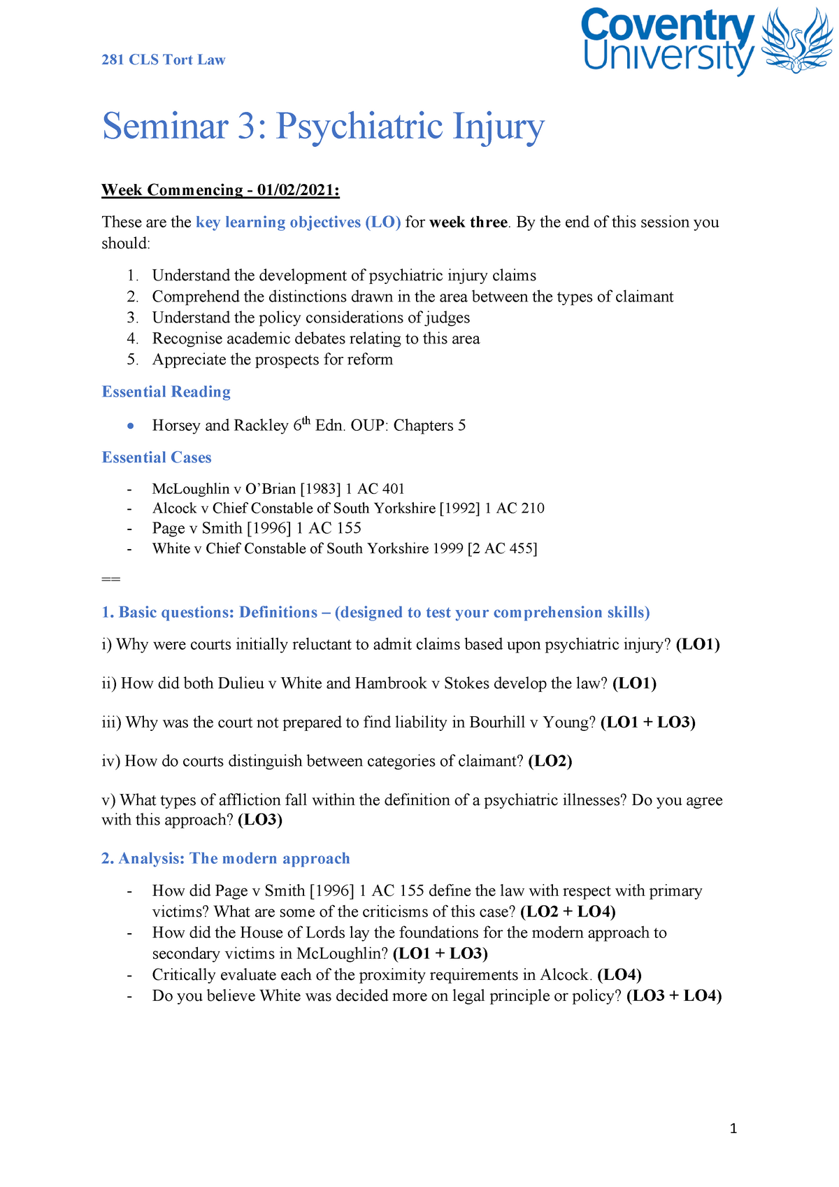 Seminar 3 Psychiatric Injury Cov - 281 CLS Tort Law 1 Seminar 3 ...