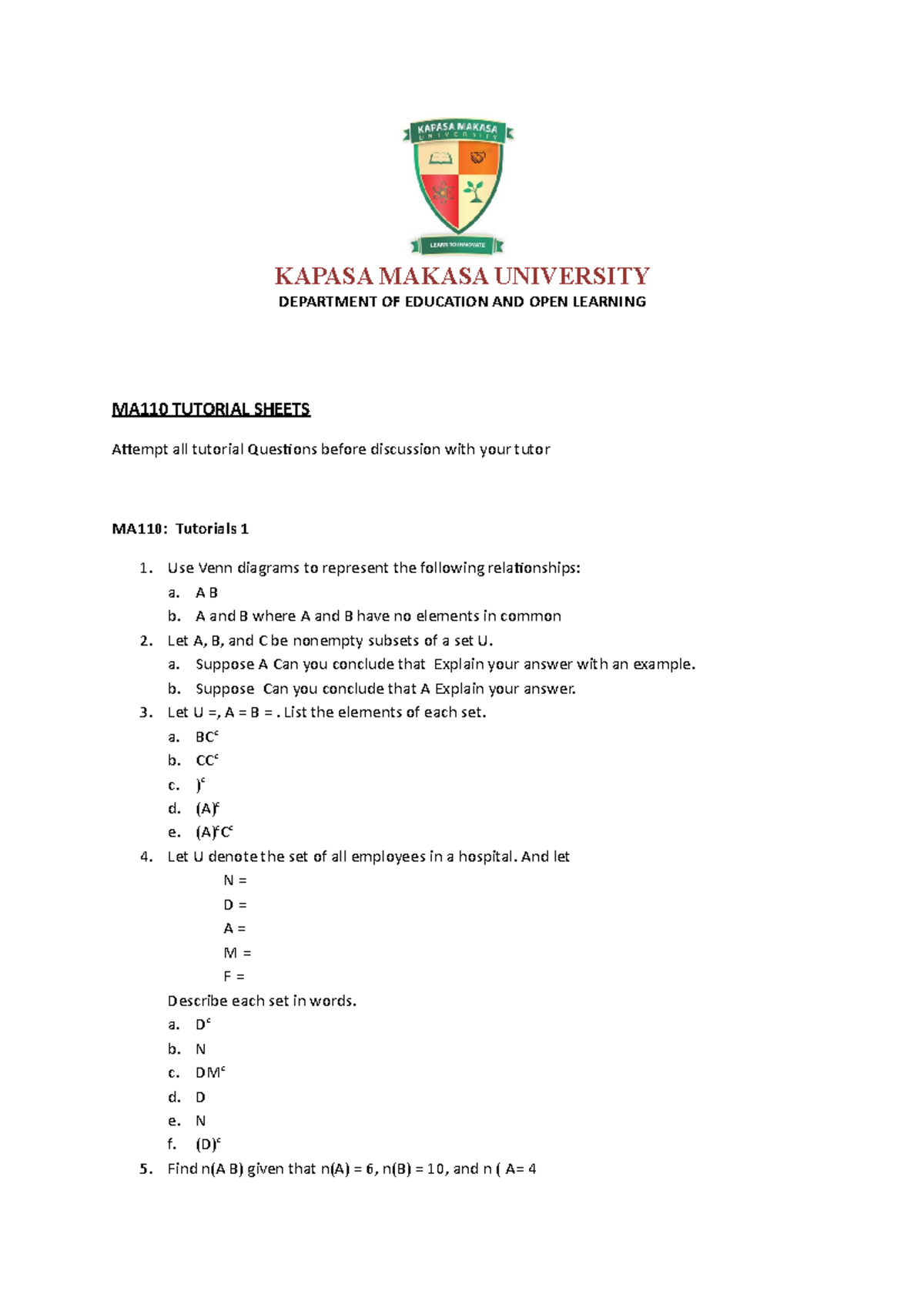 Tutorisl sheet 1 2 and 3 KAPASA MAKASA UNIVERSITY DEPARTMENT OF