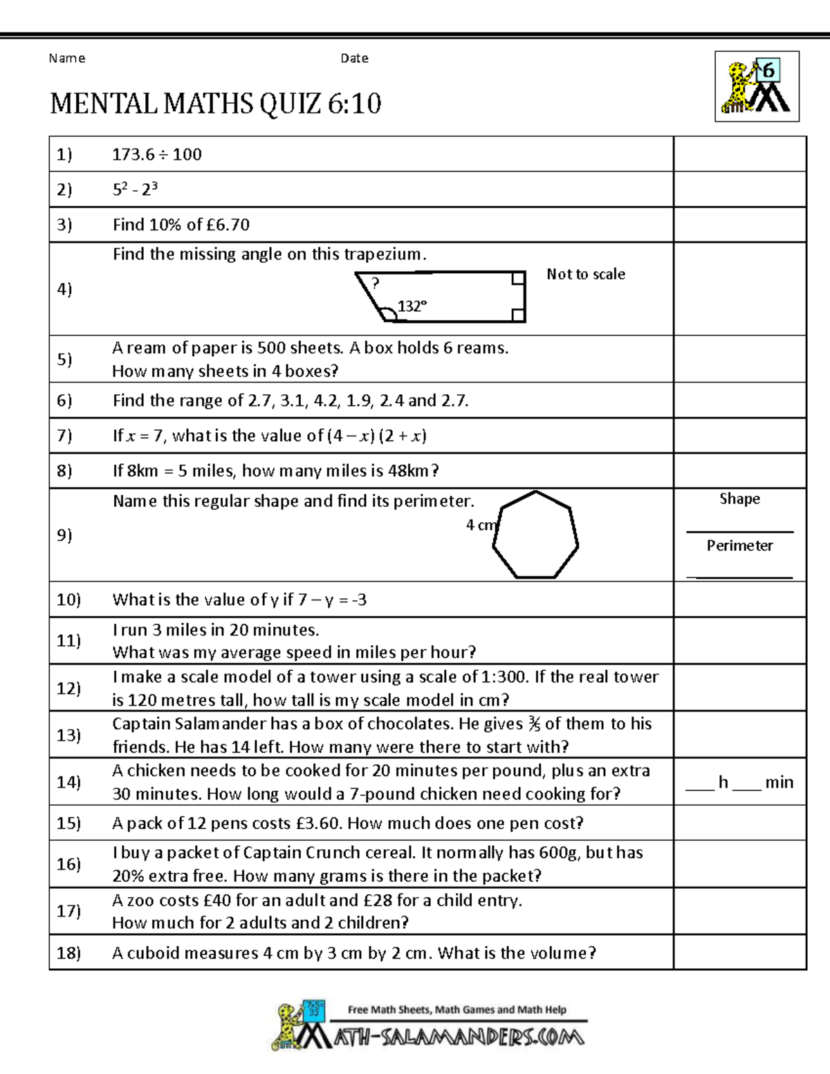 Mental maths year 6 10 - Name Date MENTAL MATHS QUIZ 6: 1) 173 ÷ 100 2 ...