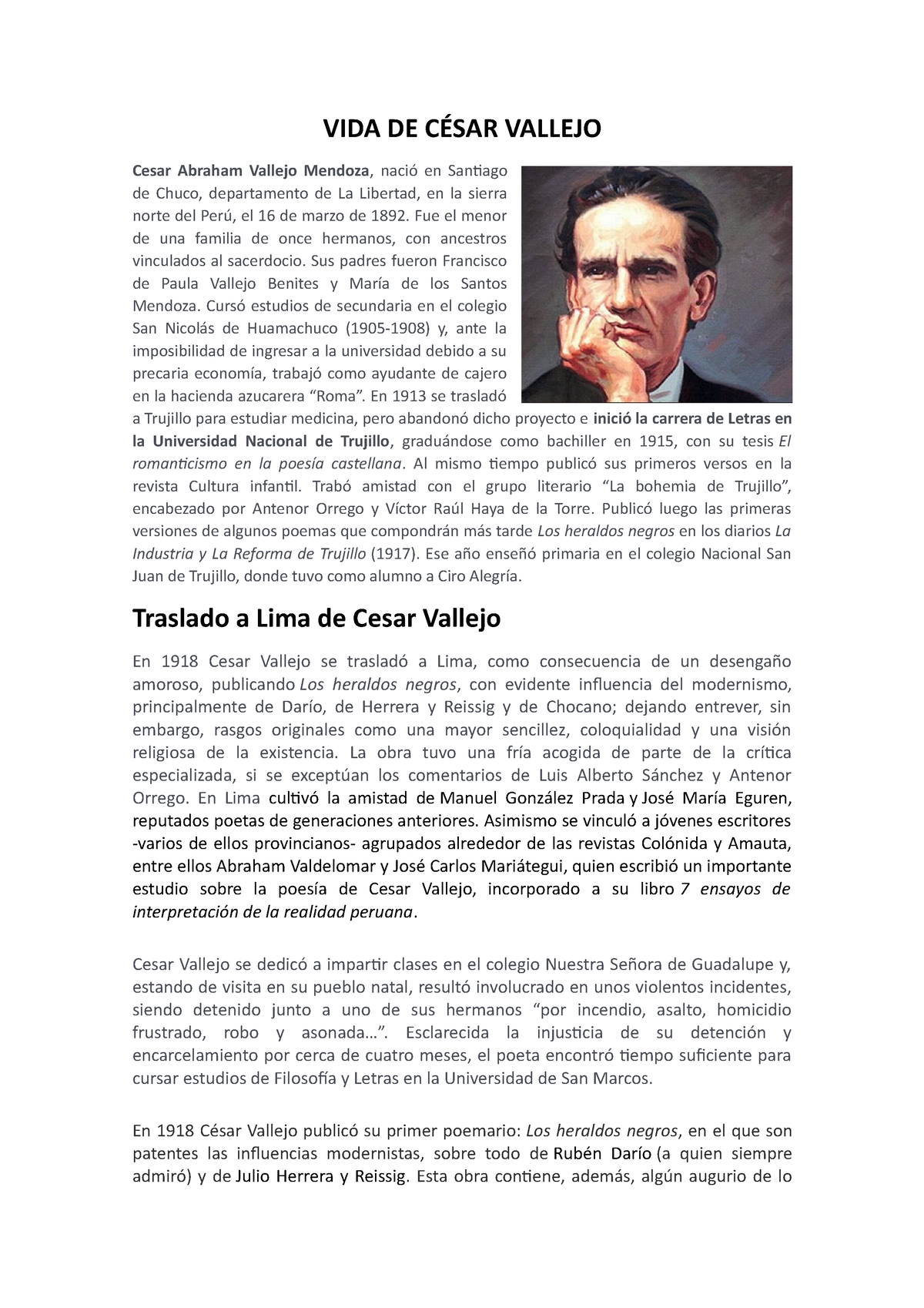 VIDA DE César Vallejo - VIDA DE CÉSAR VALLEJO Cesar Abraham Vallejo ...