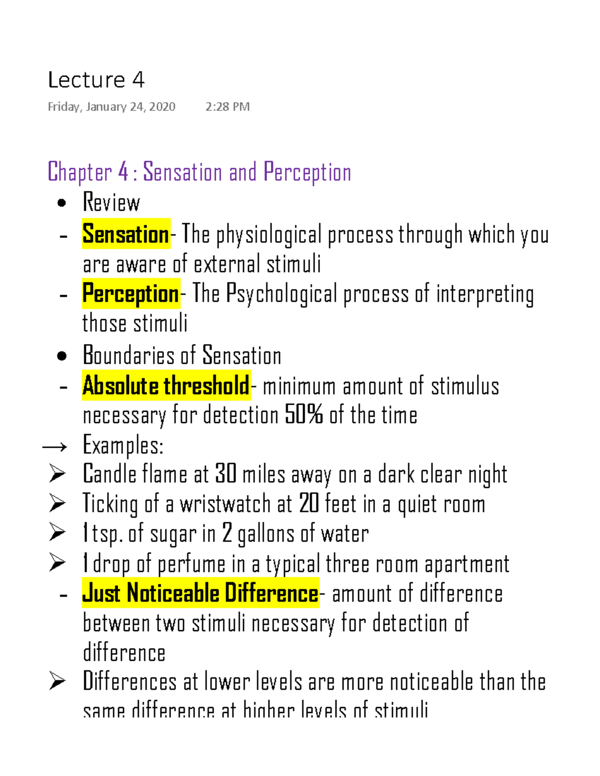 Lecture 4 Psych - Notes - Chapter 4 : Sensation And Perception Review ...