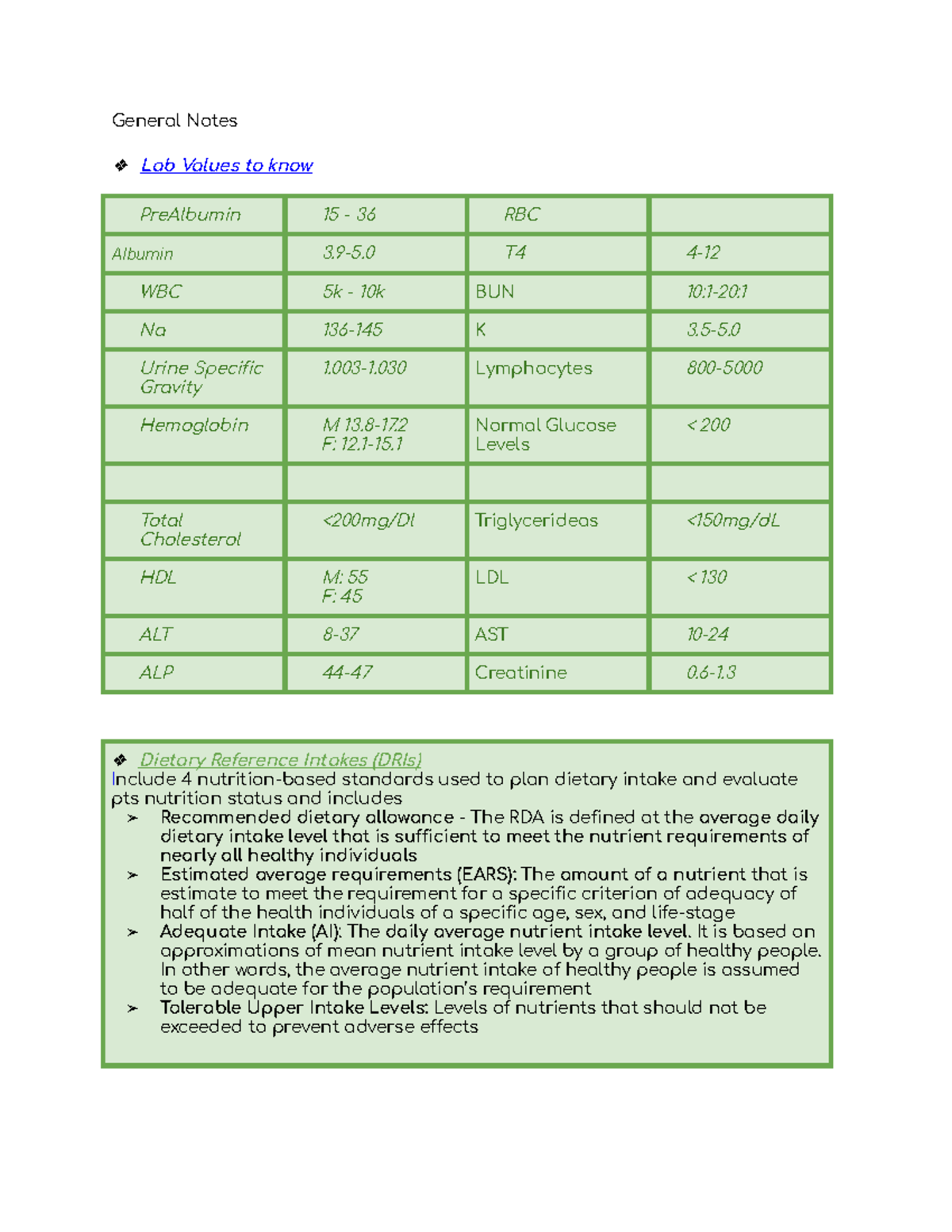 Nutrition Study Guide Build out General Notes Lab Values to know