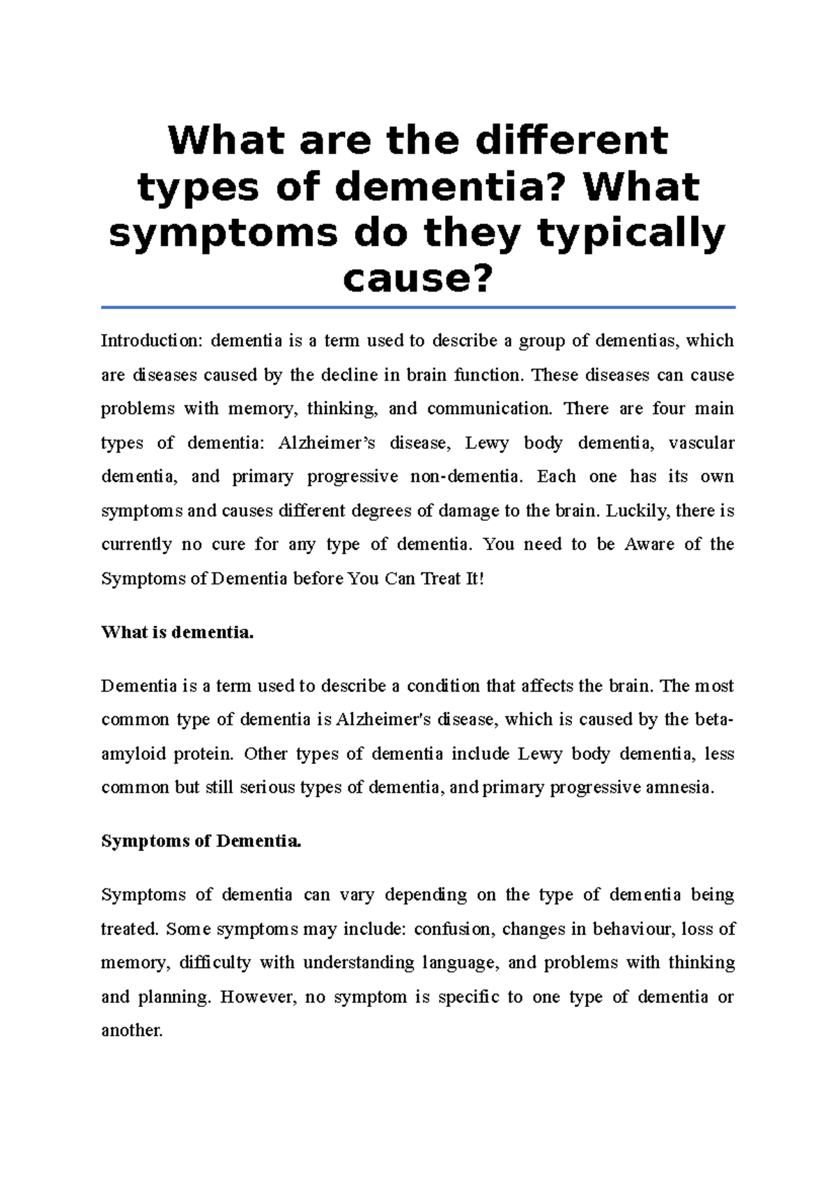 What are the different types of dementia, What symptoms do they