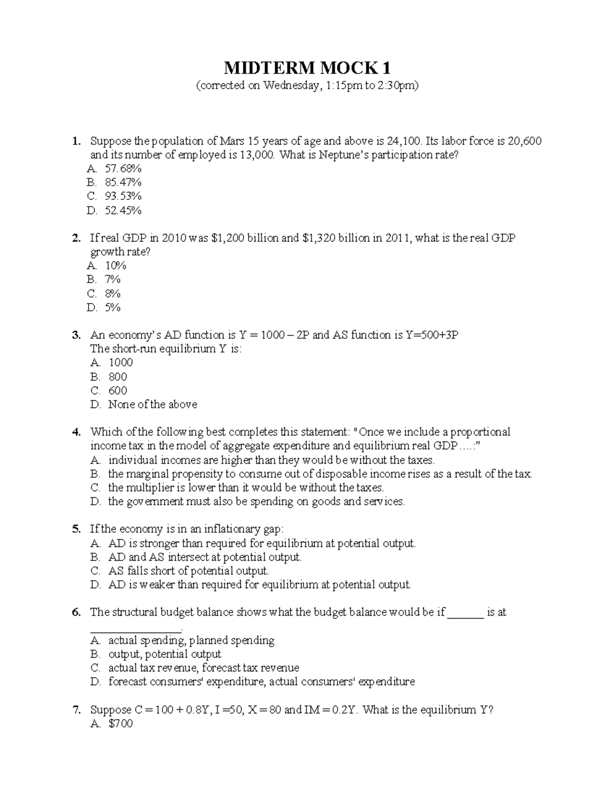 Midterm review exercises - MIDTERM MOCK 1 (corrected on Wednesday, 1 ...
