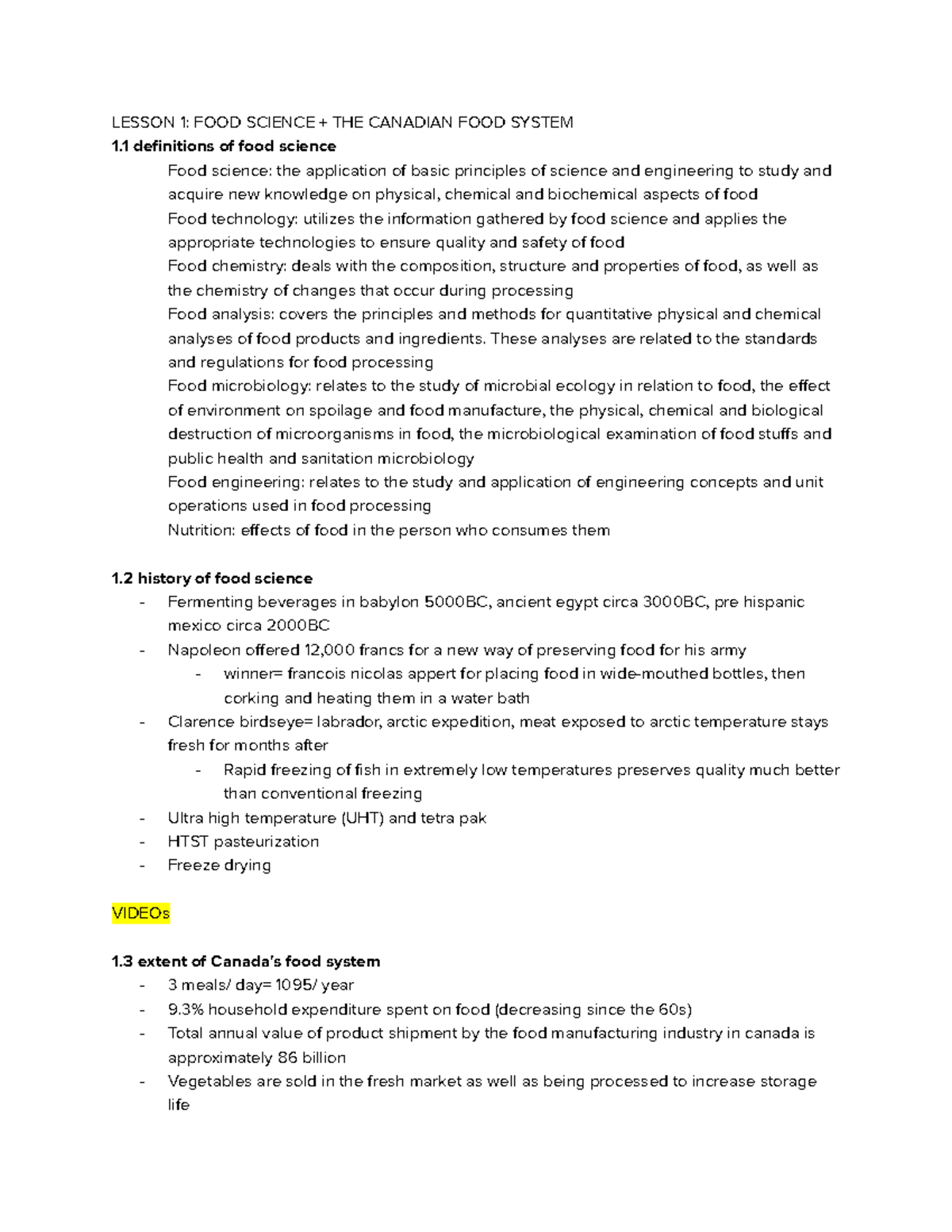 FNH 200 lecture notes - LESSON 1: FOOD SCIENCE + THE CANADIAN FOOD ...