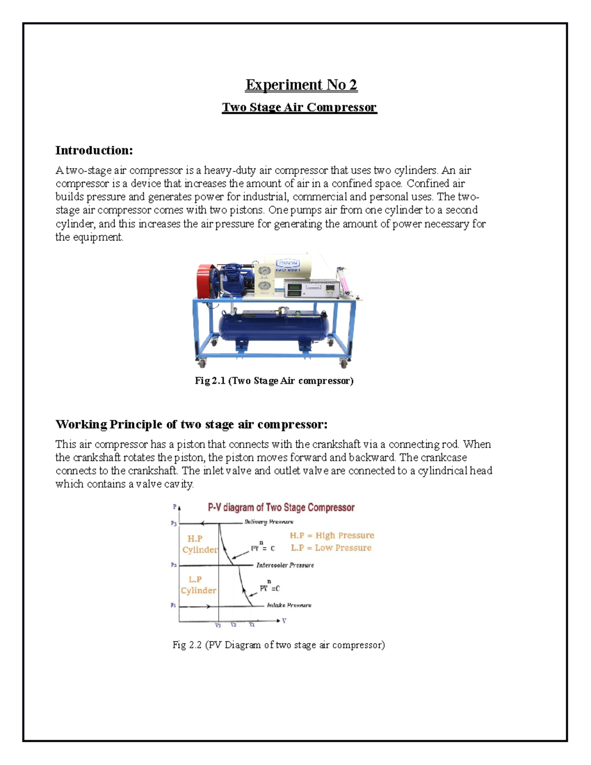 Experiment No 2 two stage air compressor Experiment No 2 Two Stage