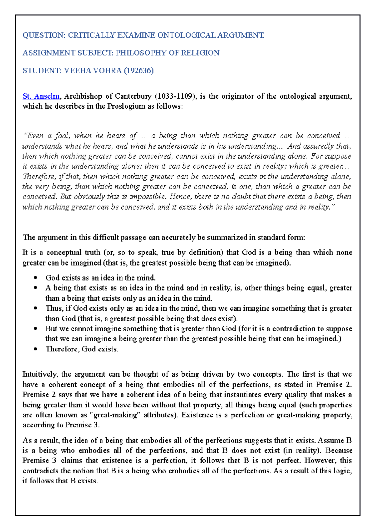 CRITICALLY EXAMINE ONTOLOGICAL ARGUMENT. - ASSIGNMENT SUBJECT ...