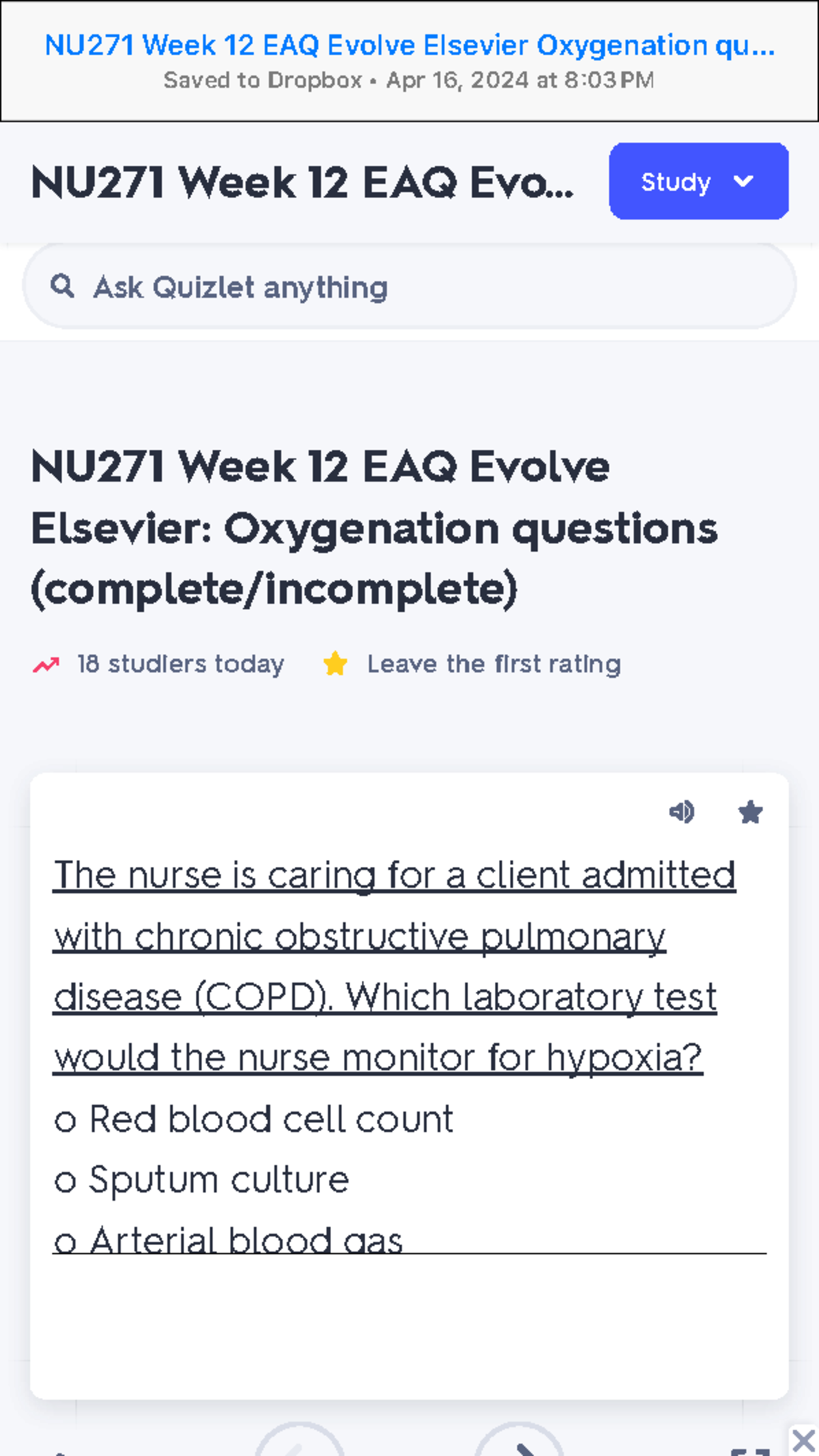 NU271 Week 12 EAQ Evolve Elsevier Oxygenation questions