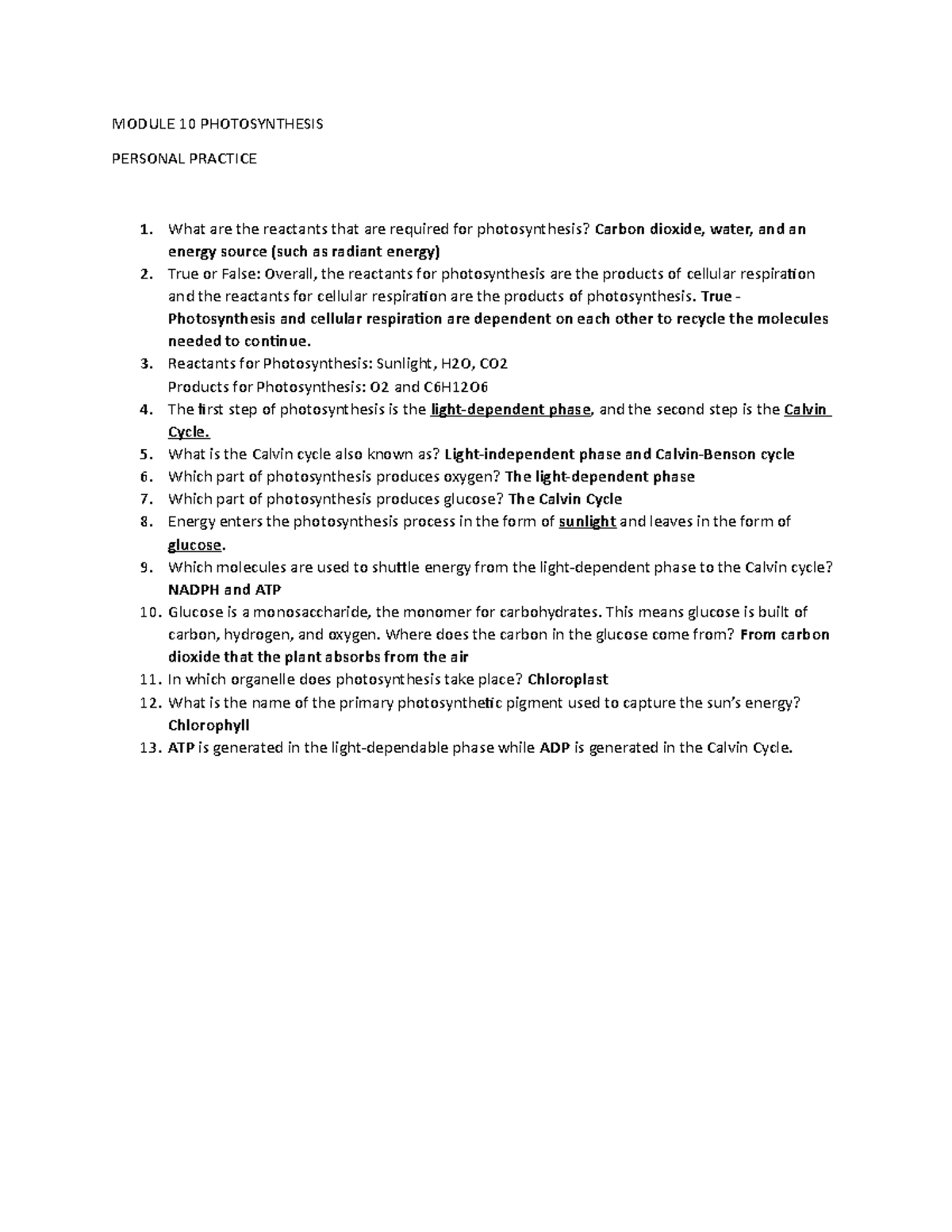 Biology Module 10 Practice test with Answers - MODULE 10 PHOTOSYNTHESIS ...