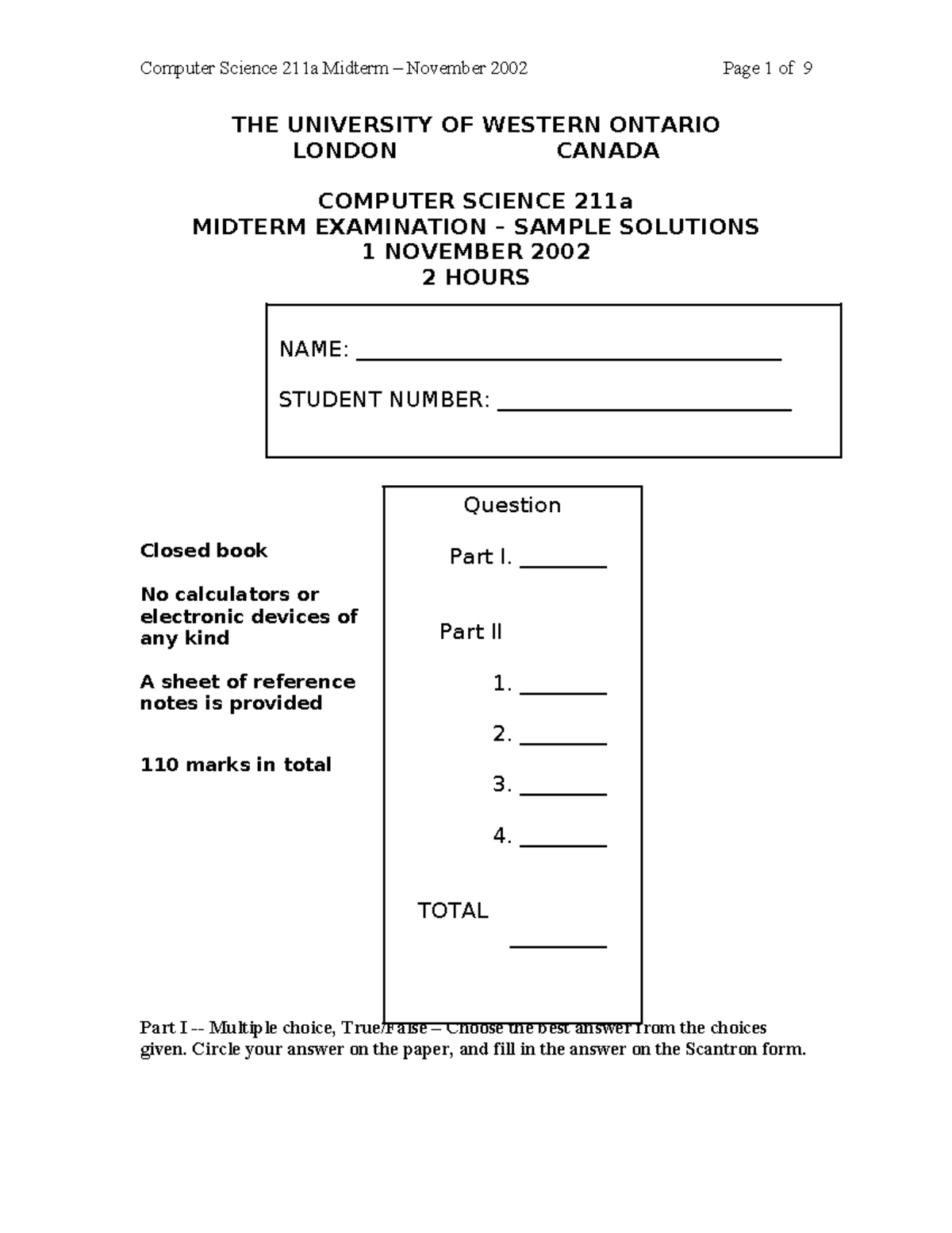 Midterm Nov 2024 Solutions - THE UNIVERSITY OF WESTERN ONTARIO LONDON ...