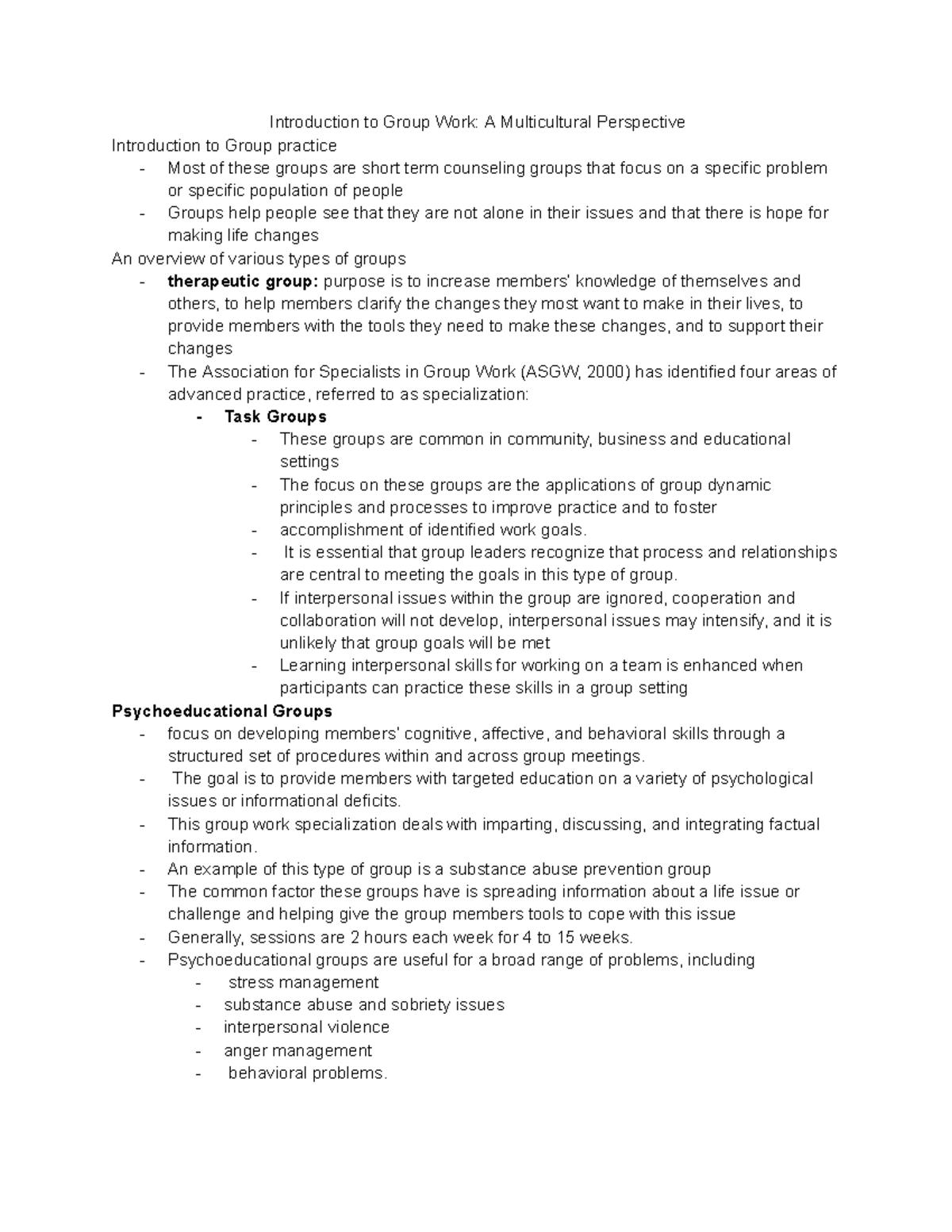 SW 4010 Chapter 1 Textbook notes - Introduction to Group Work: A ...