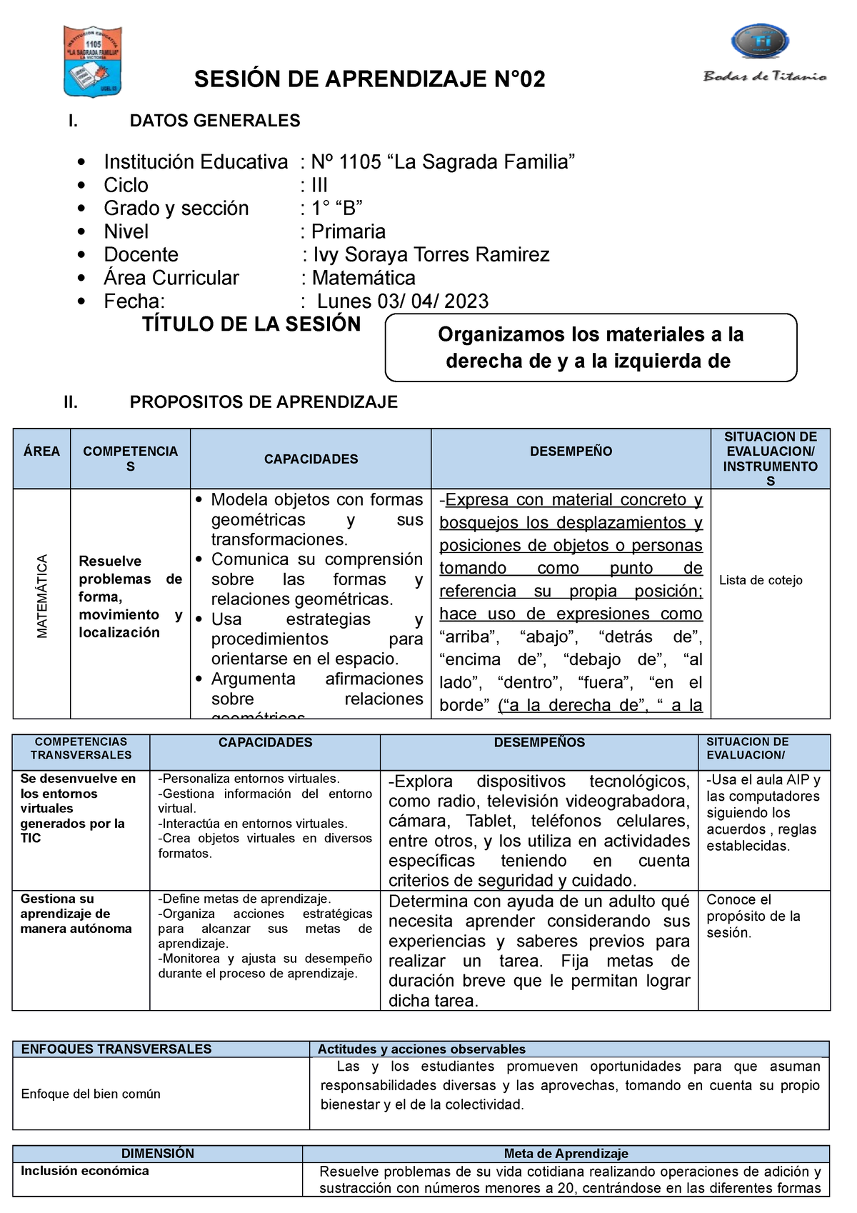 Sesion 2 Lunes 3 Abril Matematica Derecha Izquierda SesiÓn De Aprendizaje N° I Datos 4368