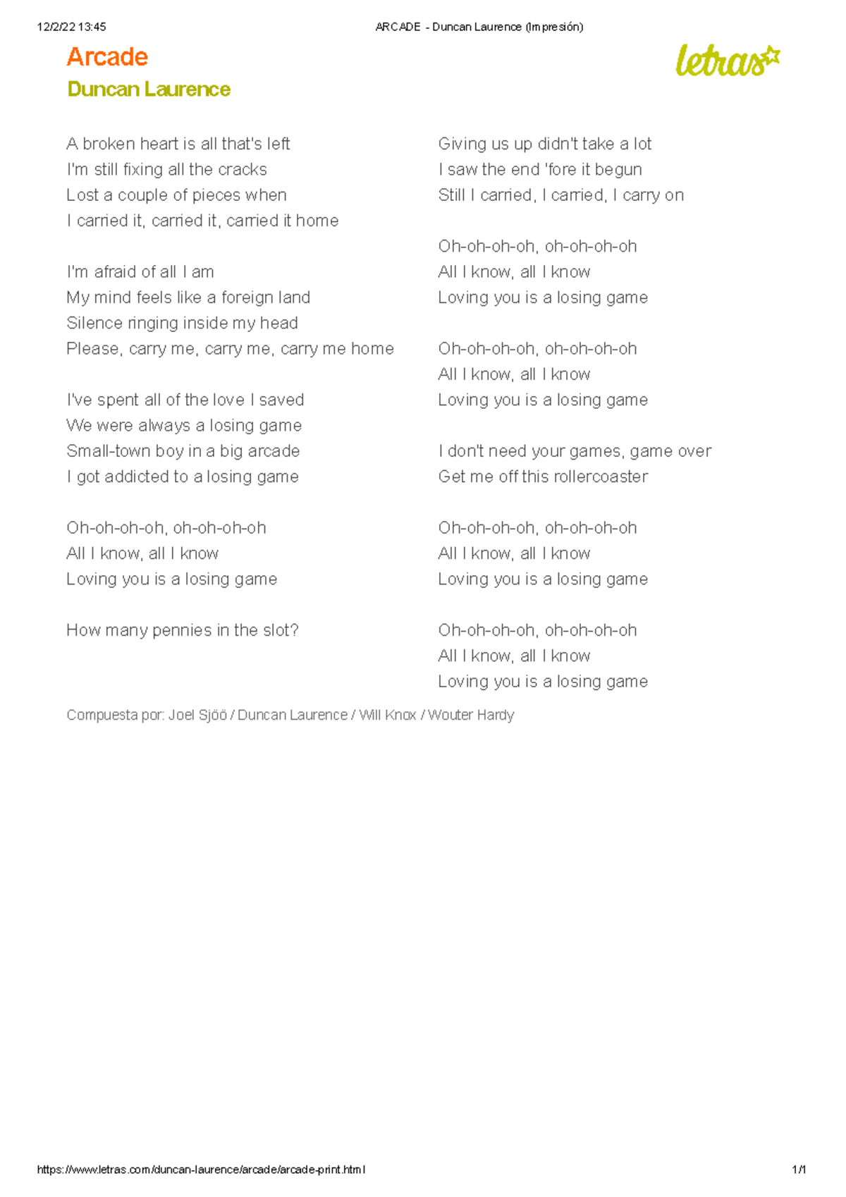 Canción Arcade - Duncan Laurence para canto - 12/2/22 13:45 ARCADE ...