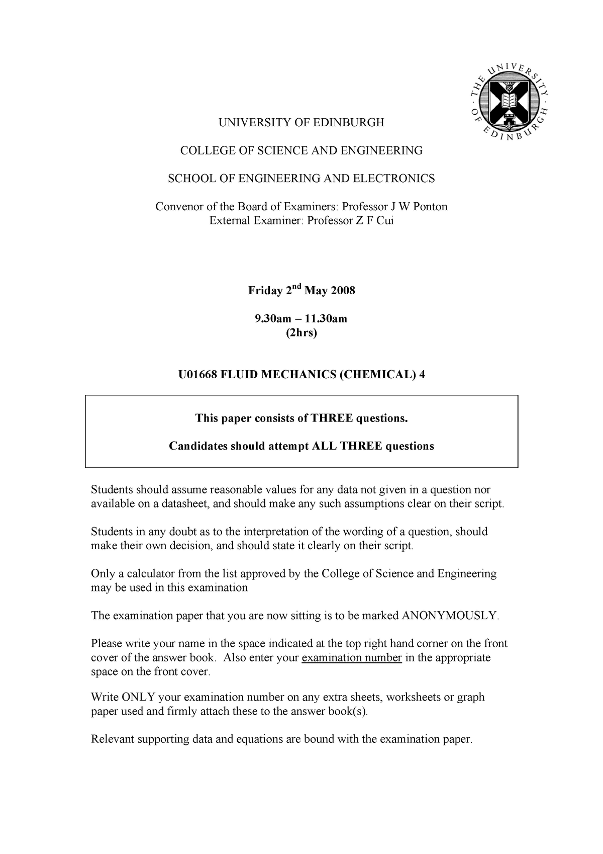 Exam 2 May 2008, Questions - Fluid Mechanics 4 - CHEE10004 - Edin - StuDocu