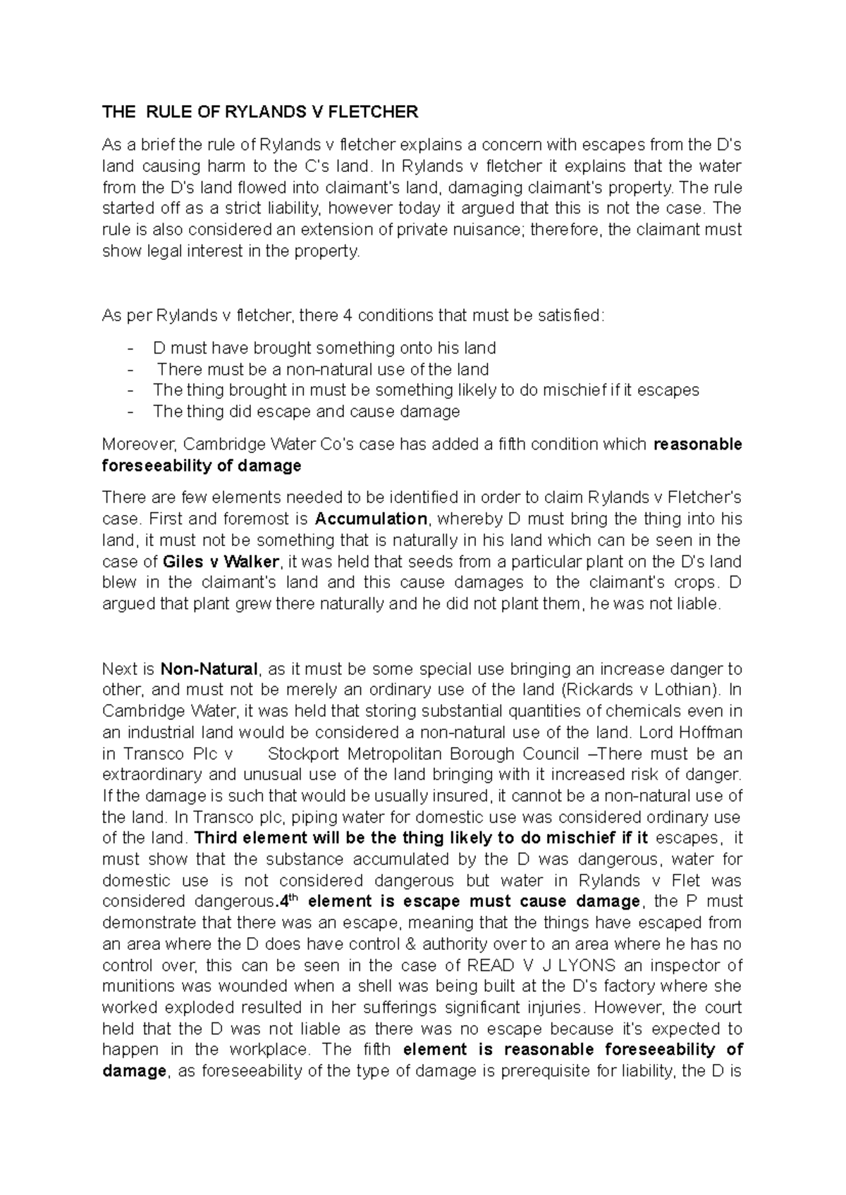 THE RULE OF Rylands V Fletcher - THE RULE OF RYLANDS V FLETCHER As a ...