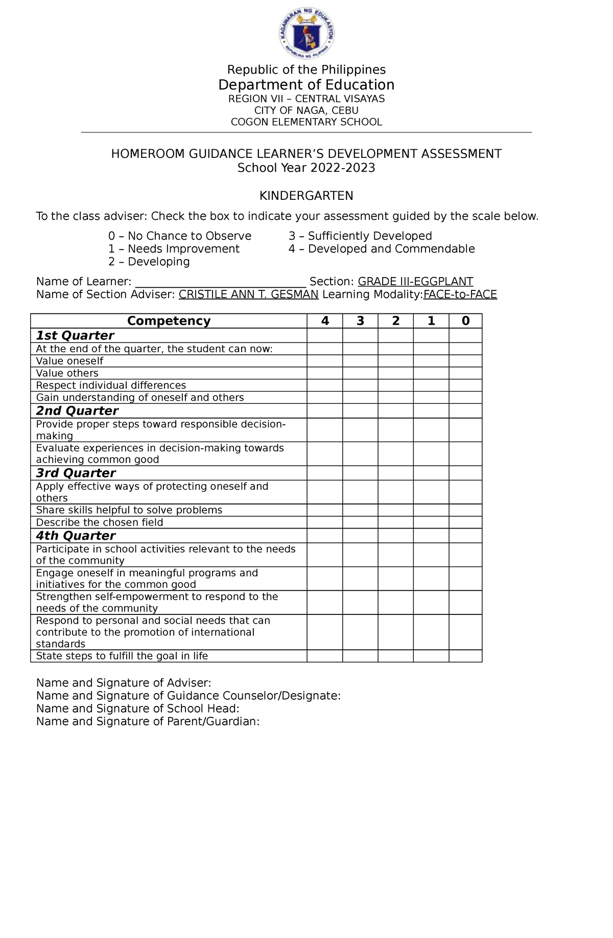 Homeroom Guidance Learners DEVT Assessment ELEM 1 - Republic of the ...